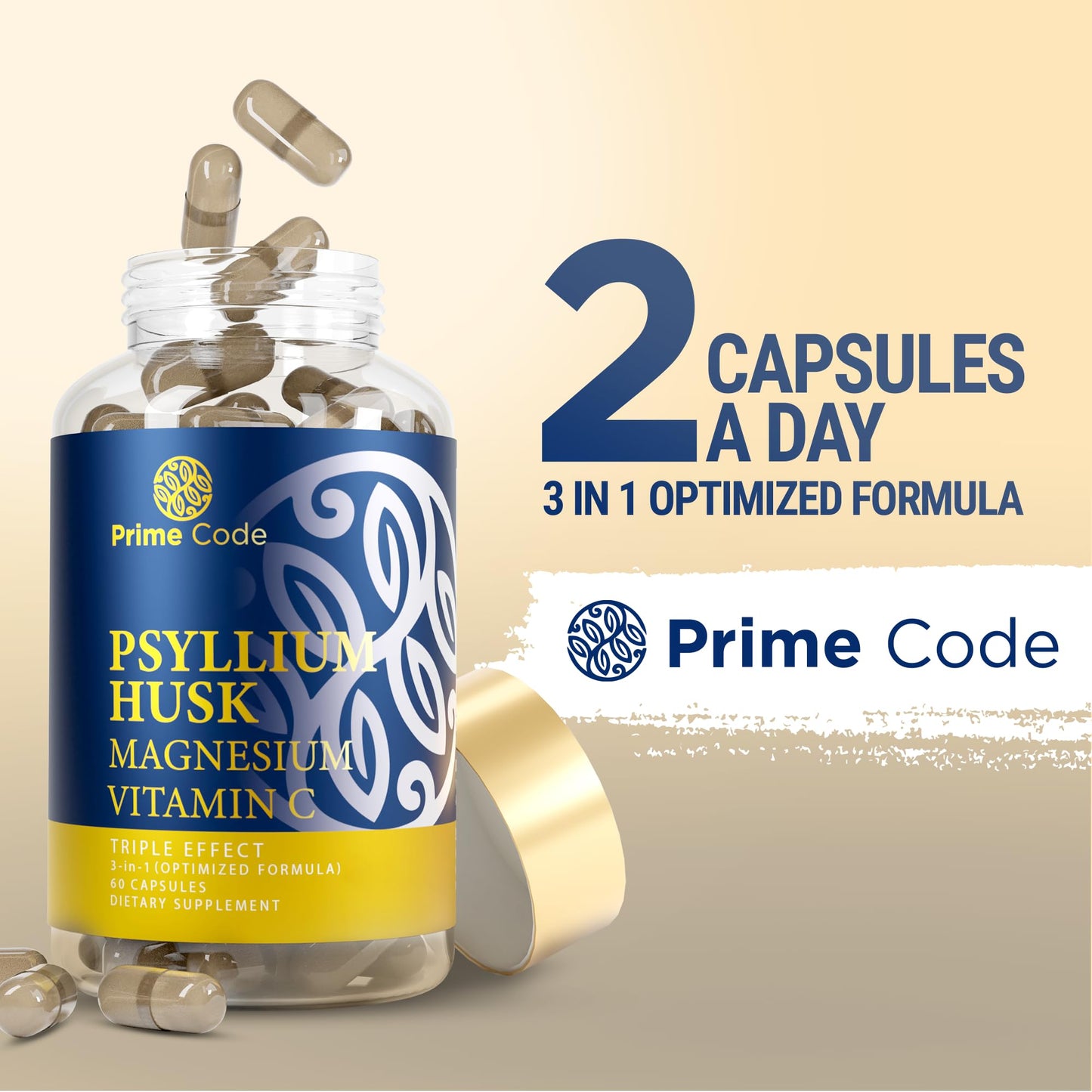 Prime Code Psyllium Husk Capsules with Magnesium Citrate and Vitamin C, 60 Count