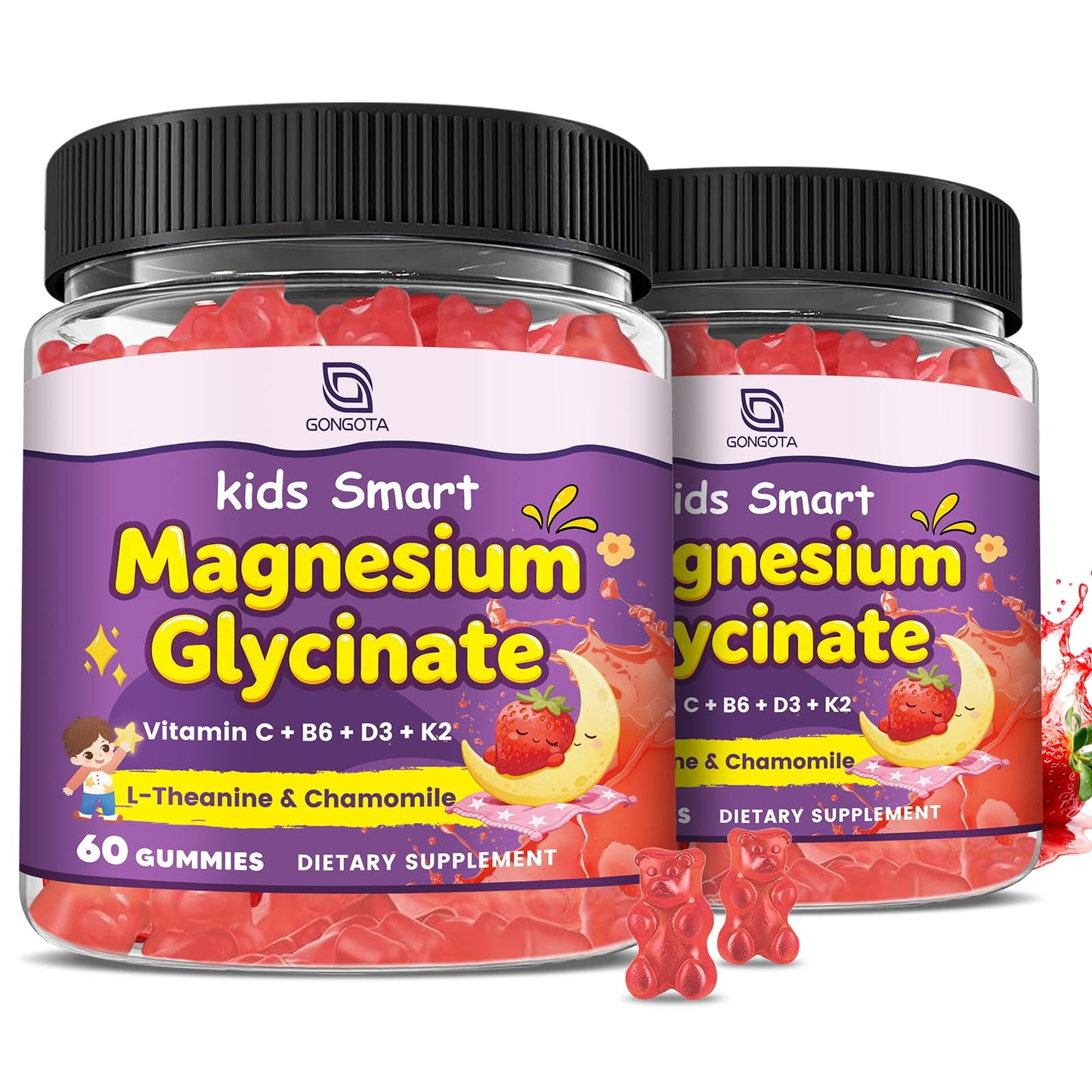 GONGOTA Magnesium Gummies for Kids & Adults - 400/200mg Magnesium Glycinate with L-Theanine, Chamomile, D3 & K2, Melatonin Free, Sugar Free, 120 Gummies