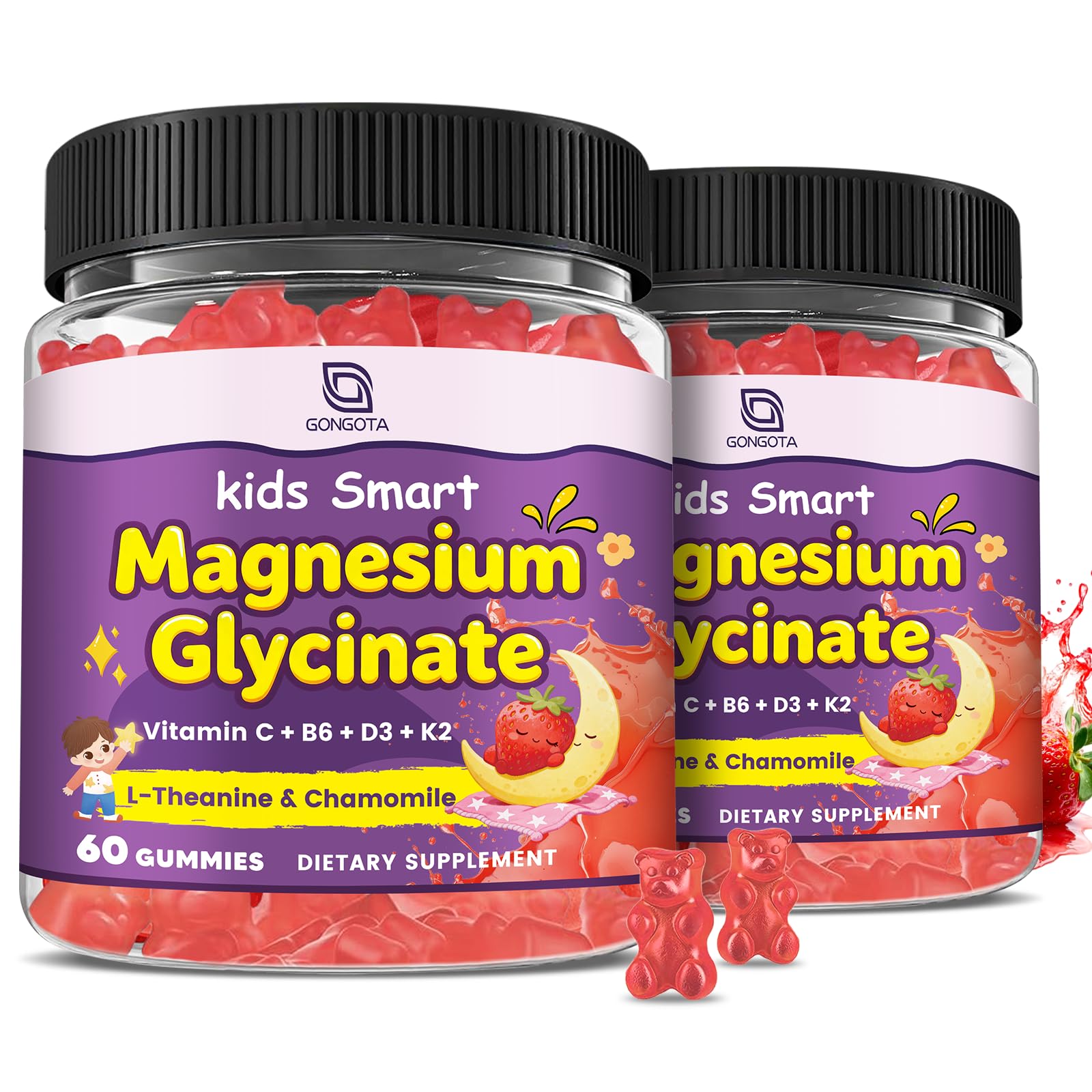 GONGOTA Magnesium Gummies for Kids & Adults - 400/200mg Magnesium Glycinate with L-Theanine, Chamomile, D3 & K2, Melatonin Free, Sugar Free, 120 Gummies
