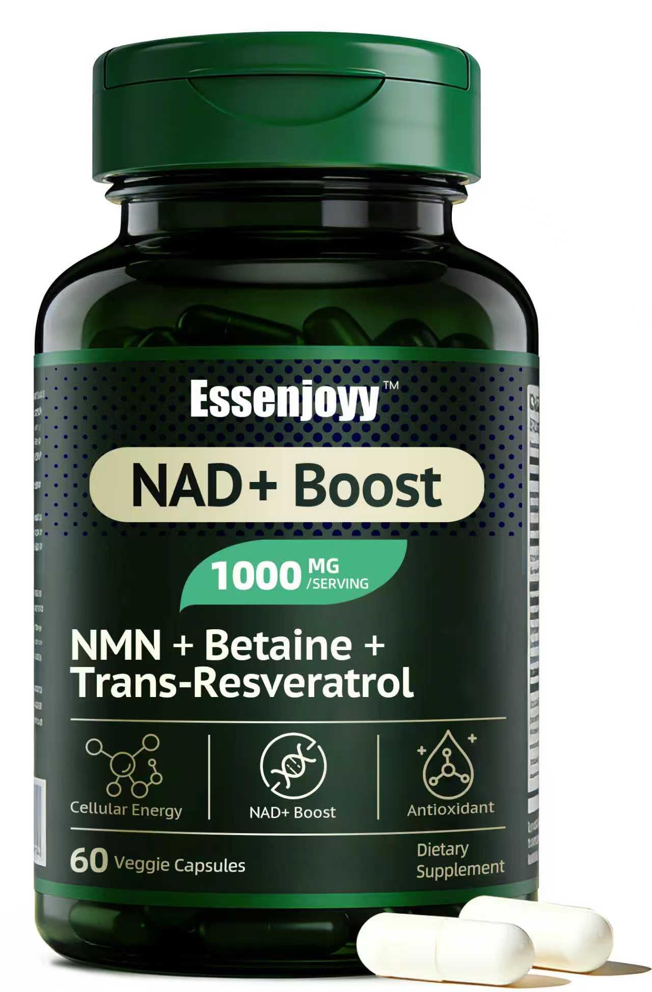 ESSENJOYY NAD+ Boost Supplement with NMN, Trans-Resveratrol & Betaine (TMG) 1000mg Blend 60 Capsules