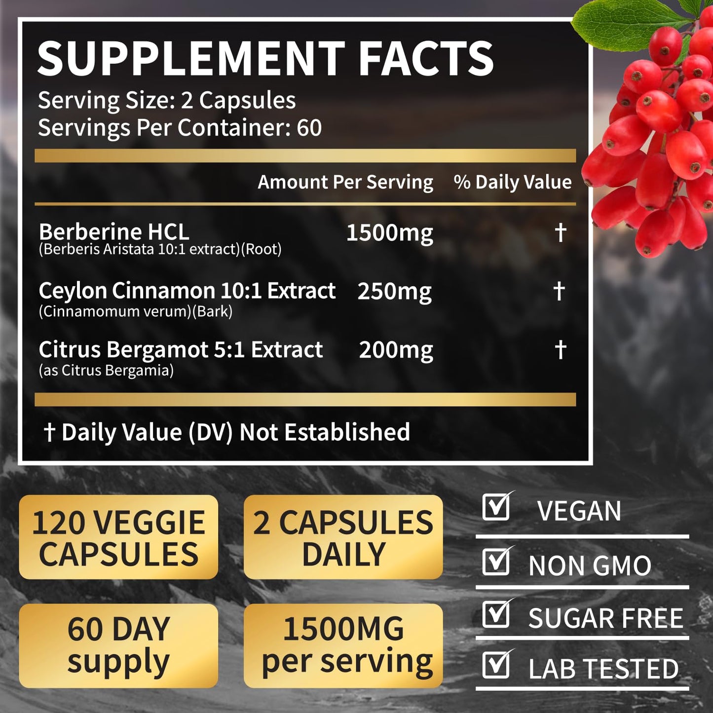LSOIUX Berberine HCl 1500mg with Ceylon Cinnamon & Citrus Bergamot Triple Action Formula for Metabolic Support Capsules, 120 Count