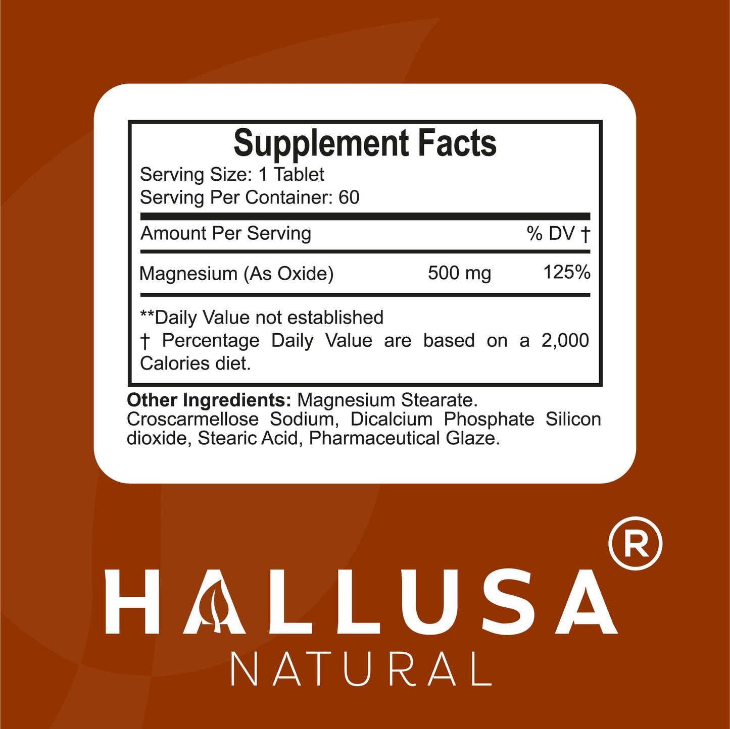 Hallusa Natural Magnesium Oxide 500 mg Tablets, 60 Count