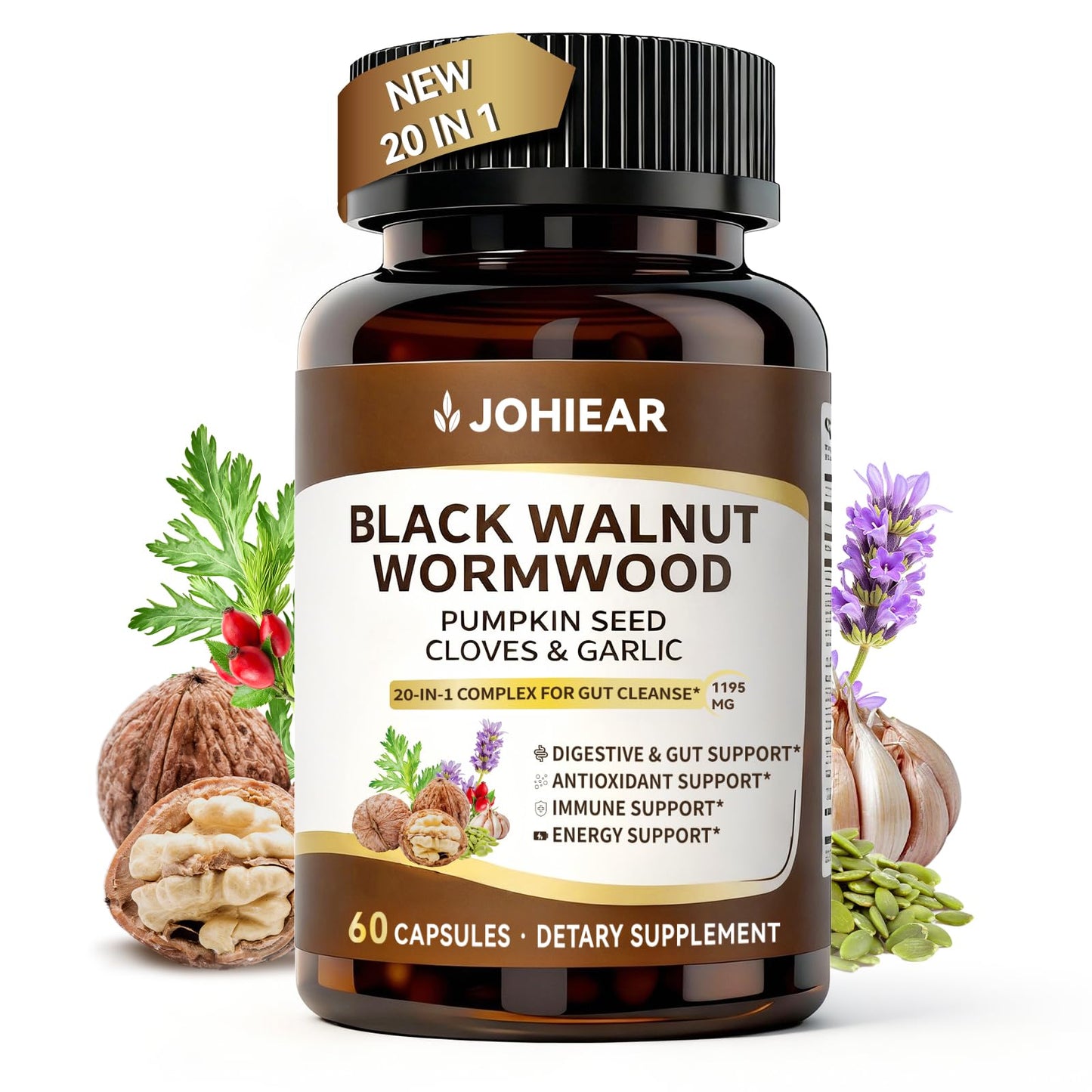 Johiear 20 in 1 Wormwood Black Walnut Clove Cleanse for Humans Detox & Digestive Health Capsules, 60 Count