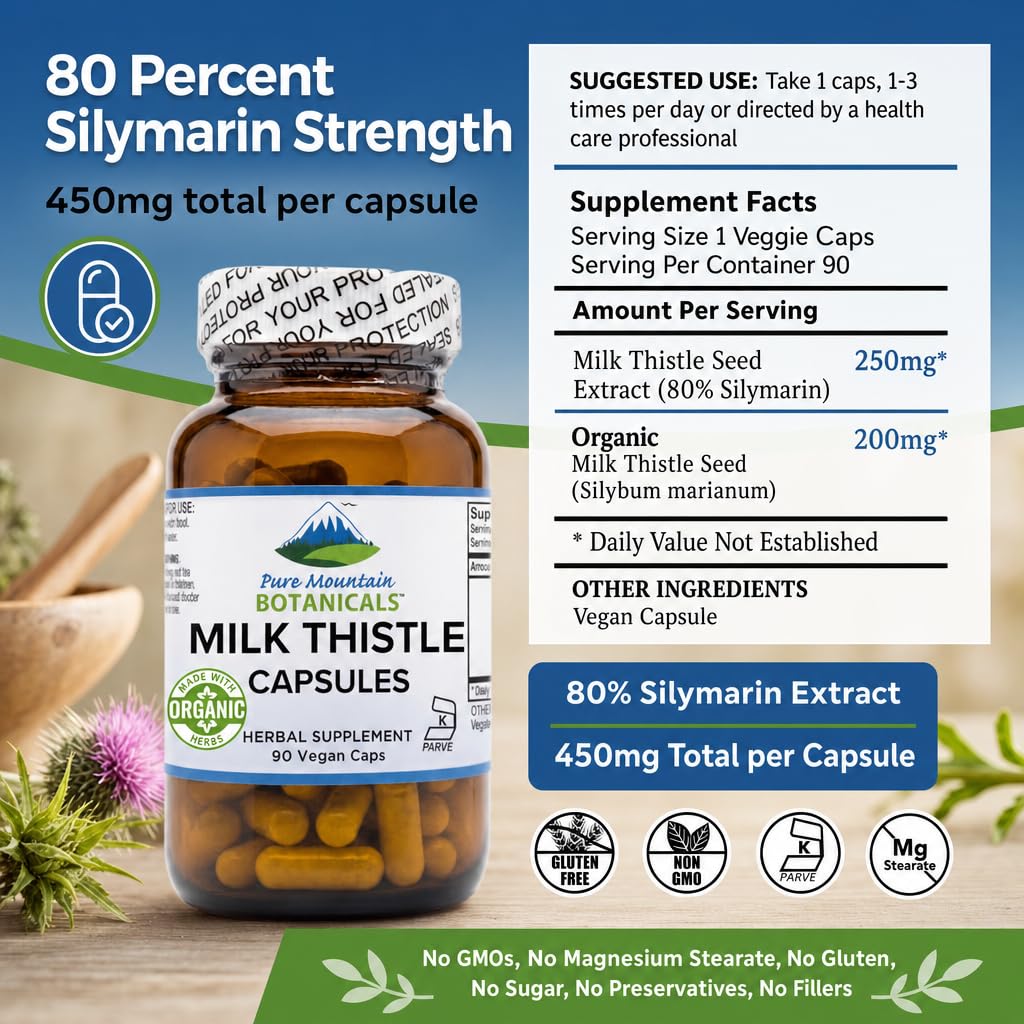 Pure Mountain Botanicals Milk Thistle Supplement Capsules, 90 Count