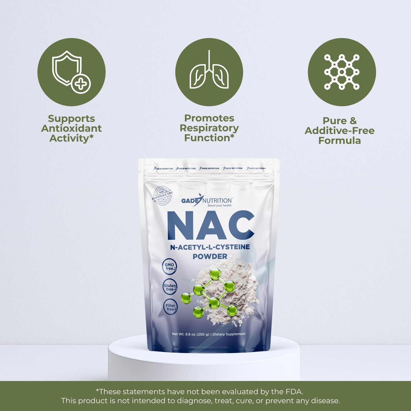 Gade Nutrition NAC Powder - N-Acetyl-Cysteine, 600 mg per Serving, 250 g (8.8 oz), 416 Servings, Non-GMO, Gluten-Free, Dairy Free, Vegan, USA Made