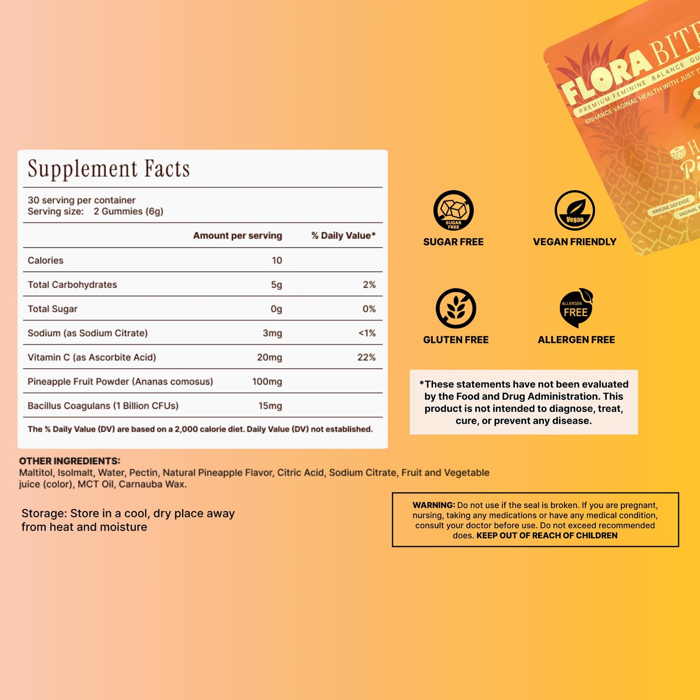 Flora Bites Feminine Balance Gummies – pH Balance & Yeast Infection Support, Hawaiian Pineapple Flavor, 60 Gummies