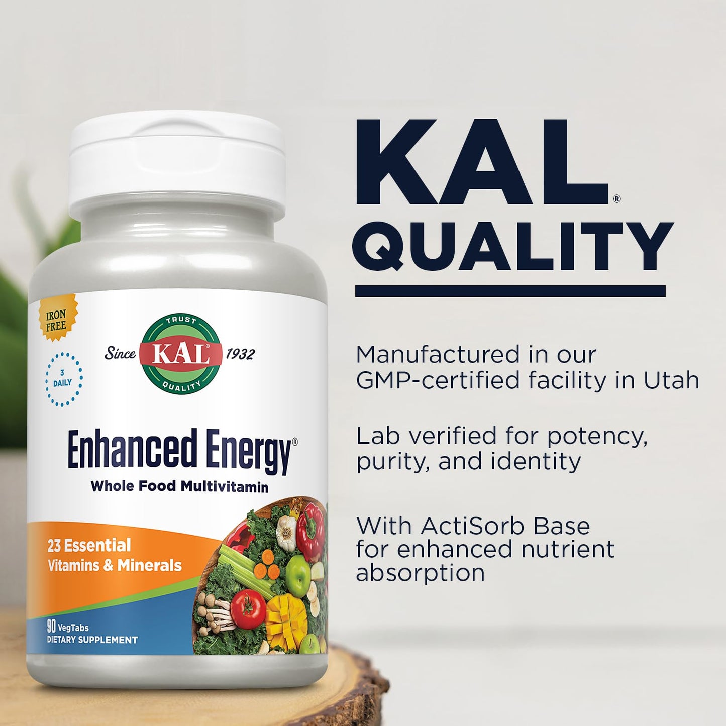 KAL Enhanced Energy Supplements Whole Food Multivitamin for Women and Men Iron Free Powder, 90 Count