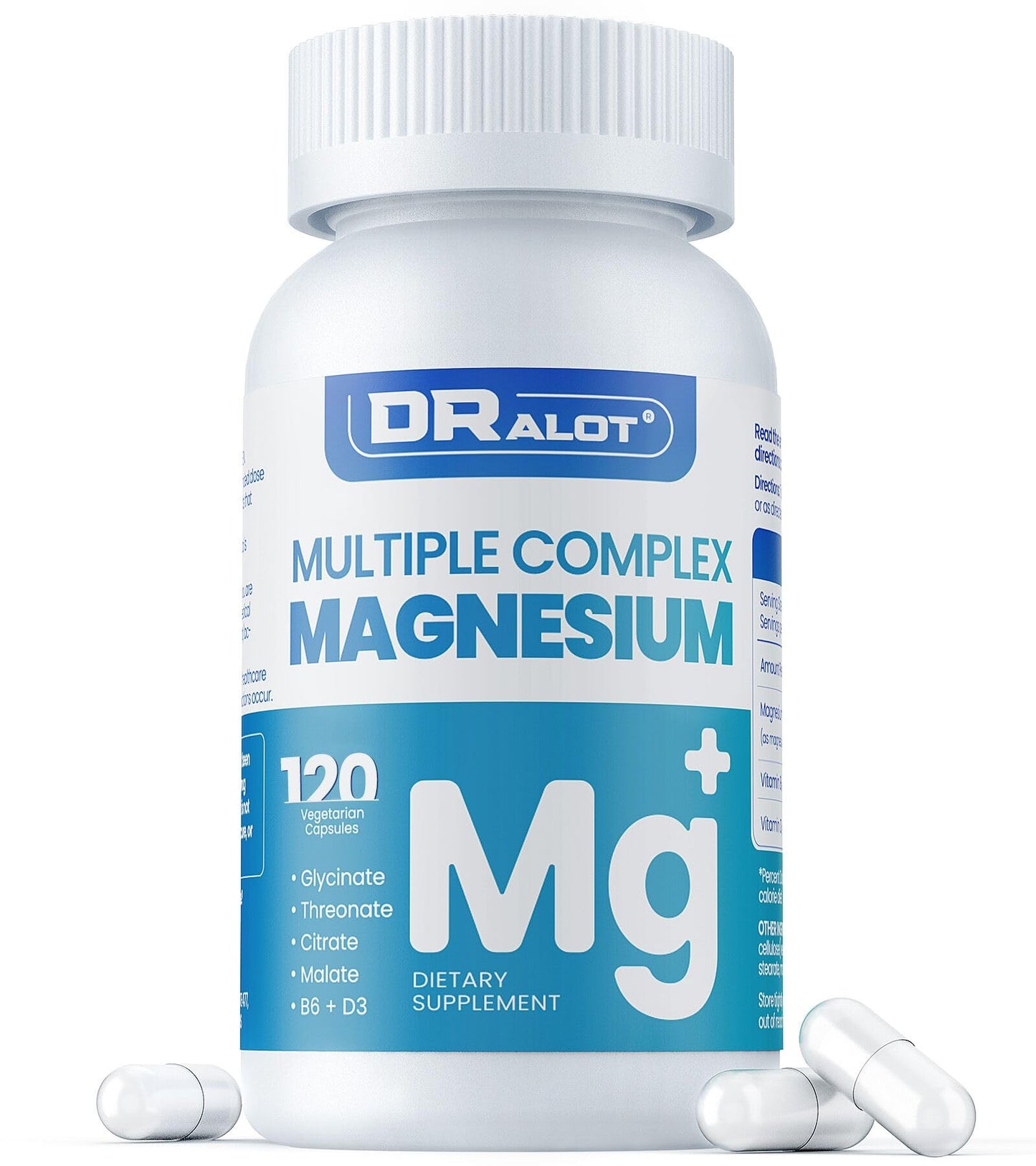 Dralot Nutrition Quadruple Magnesium Capsule, 400mg Chelated Magnesium Glycinate, L-Threonate, Citrate & Malate with Vitamin D3 & B6, Non-GMO, 120 Capsules