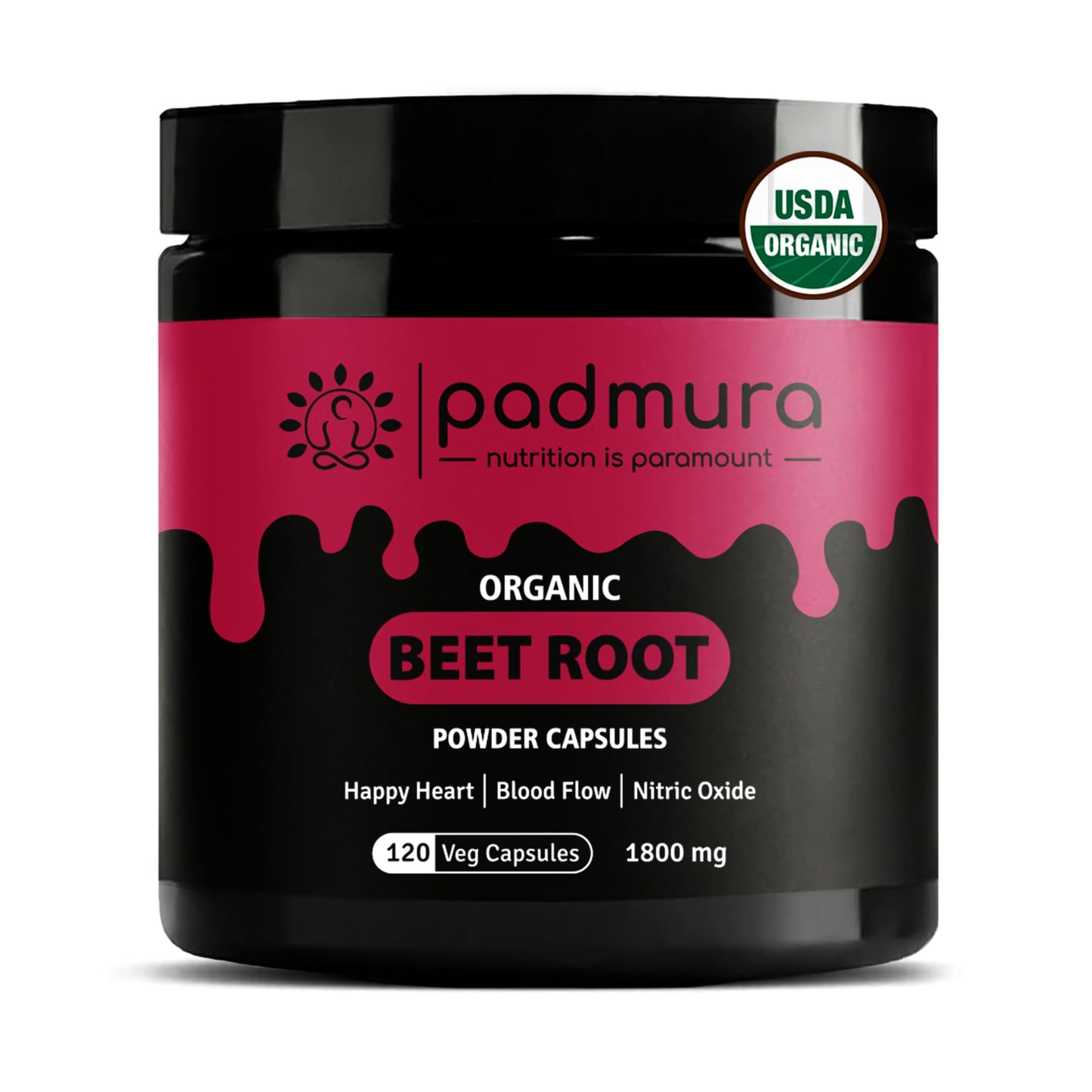 PADMURA Organic Beet Root Powder Capsules 1800mg, 120 Veg Capsules