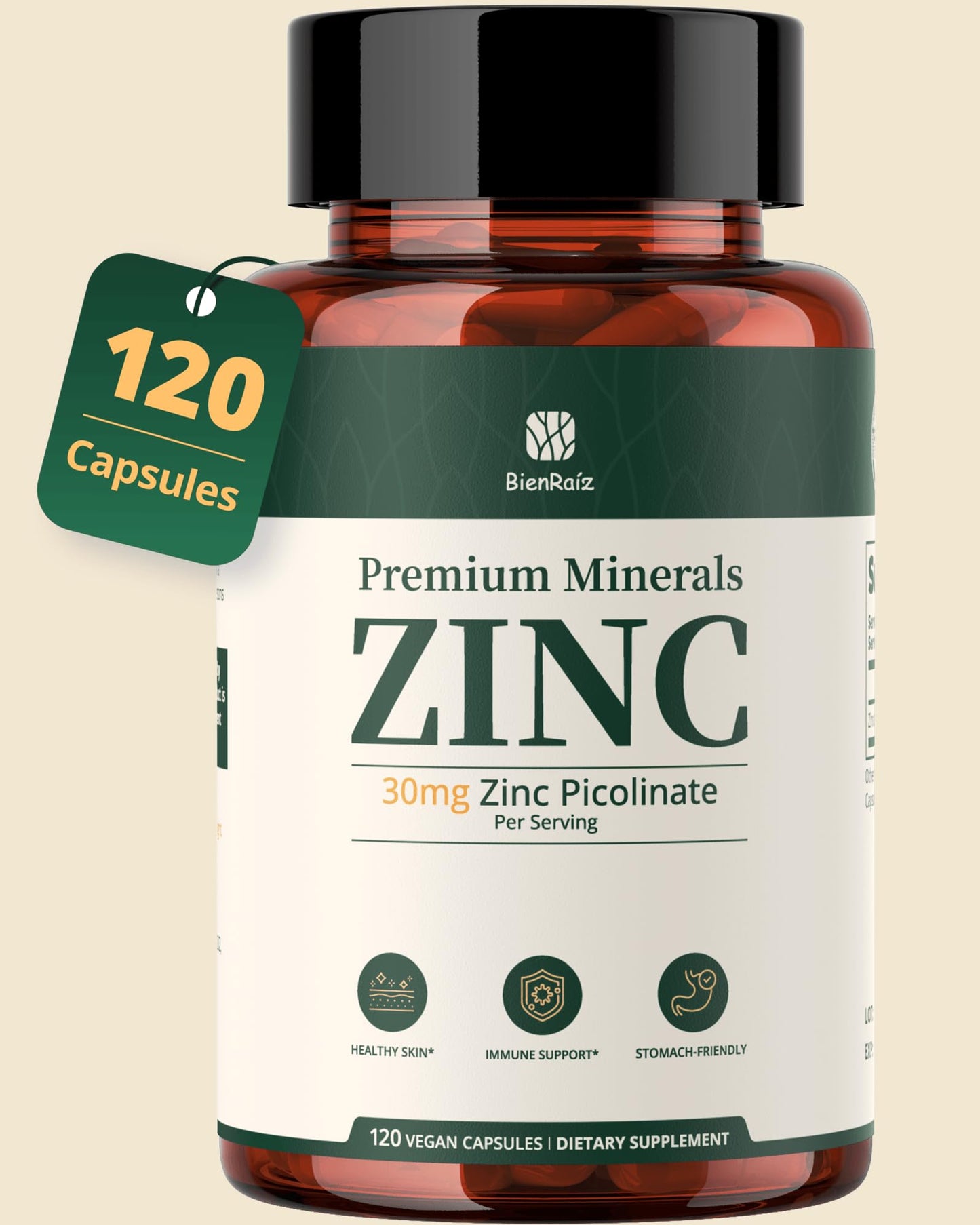 BienRaíz Zinc Picolinate 30mg Supplement, 120 Capsules