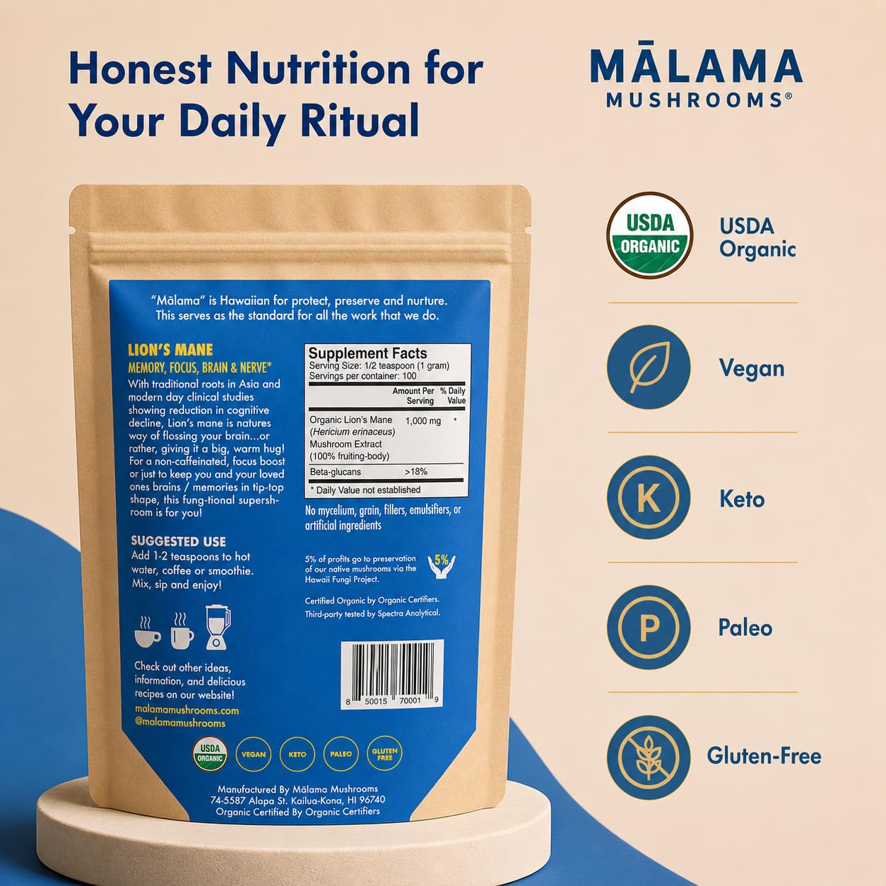 Malama Mushrooms Lion's Mane Extract Powder 3.53 Ounce
