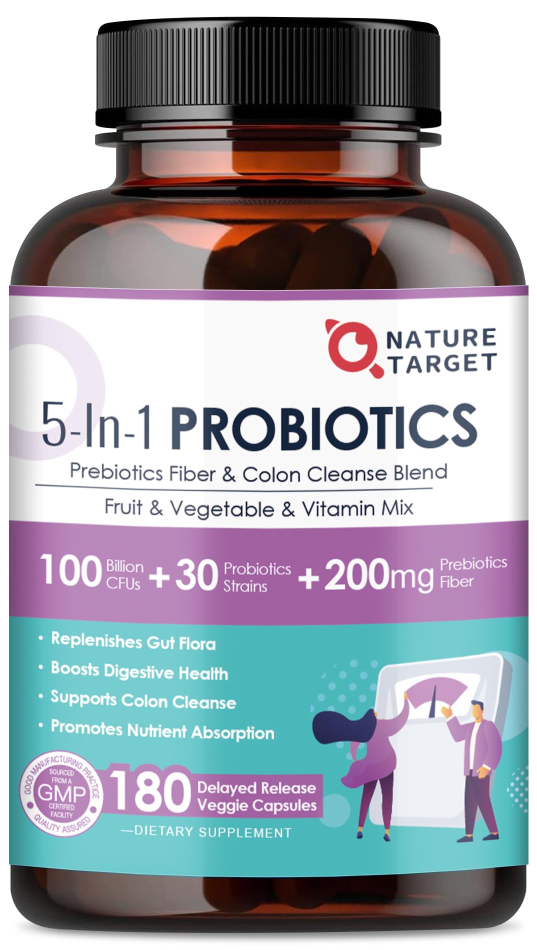 NATURE TARGET Probiotics for Women and Men Digestive Health with Prebiotics, 100 Billion CFUs, 180 Capsules
