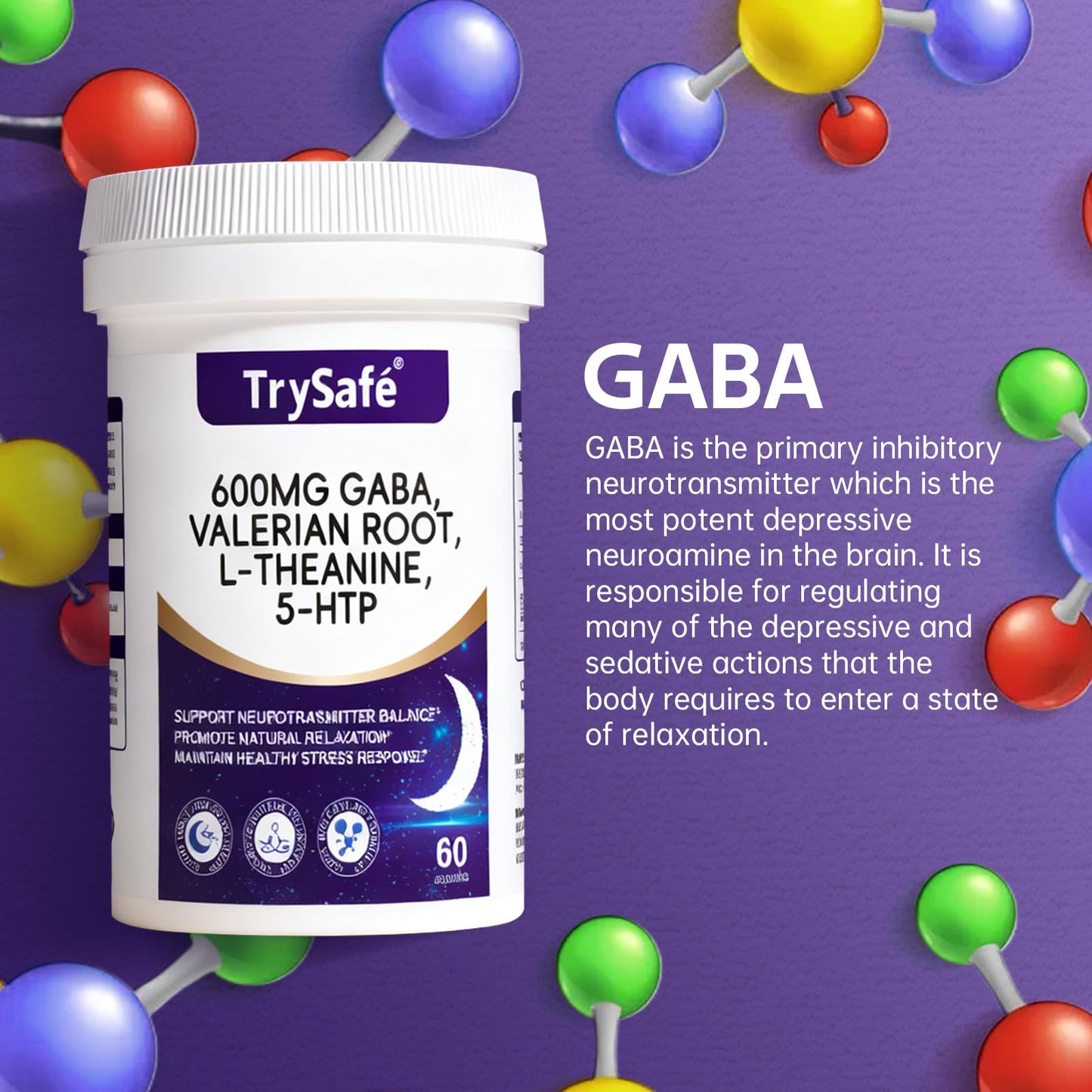 TrySafe 600mg GABA Sleep Aid Capsule, 60 Capsules