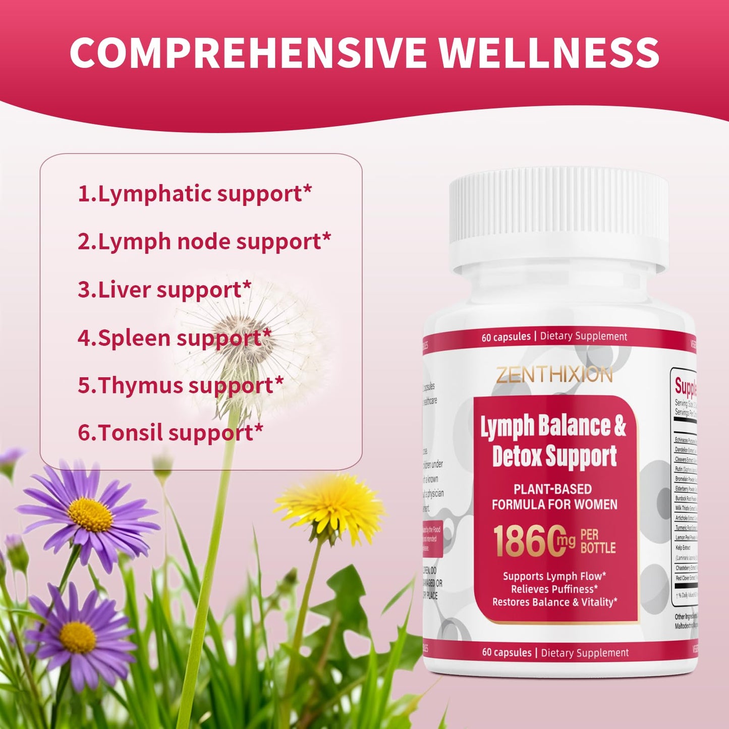 Zenthixion Lymphatic Drainage Supplements 1860mg Lymph System Support Supplement for Women with Dandelion, Burdock, Echinacea, Rutin, Turmeric, Cleavers, Bromelain & More 60 Capsules