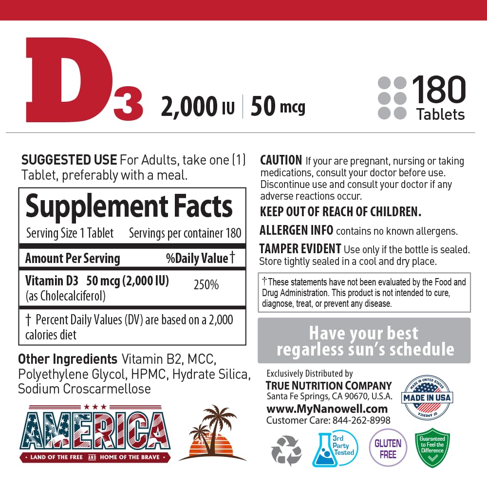 NANOWELL Vitamin D3 2000iu (50 mcg) Bone, Muscle Health and Immune Support Supplement, 180 Tablets