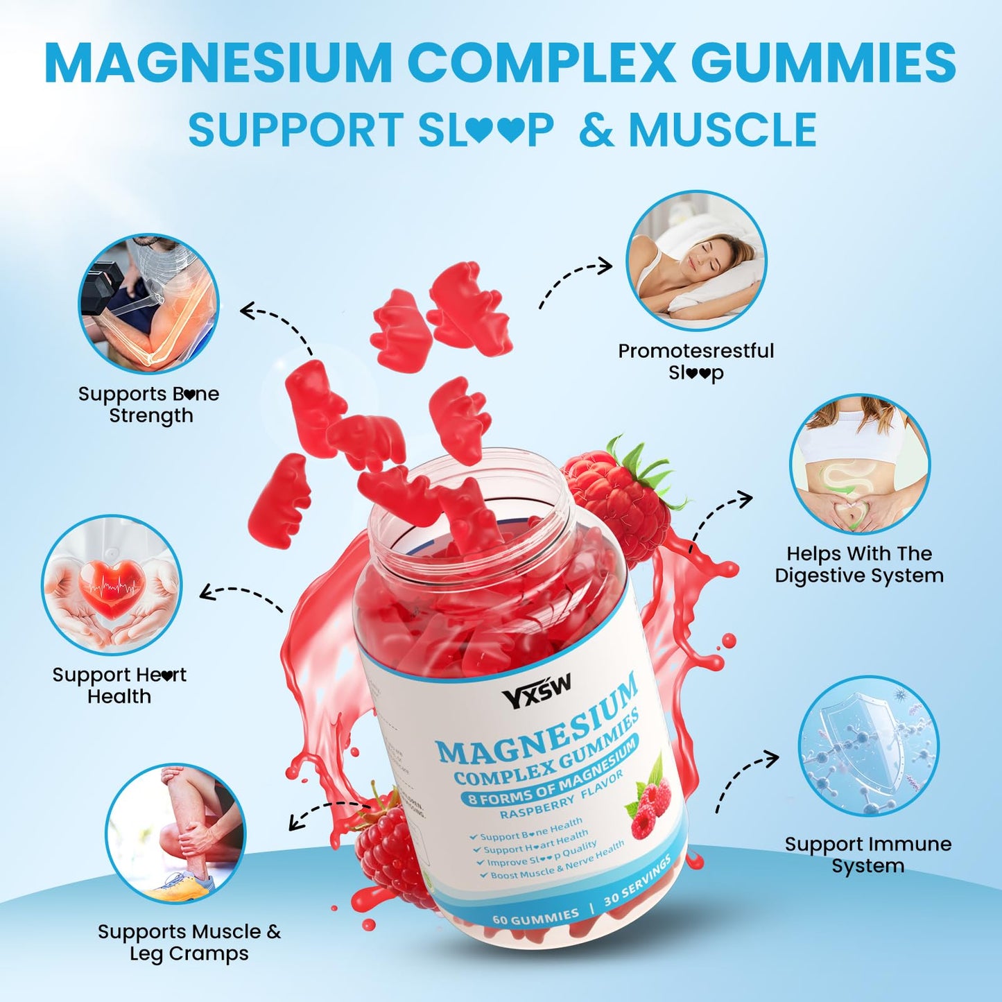 YXSW Magnesium Complex Gummies 1000mg - 8 Elemental Magnesium Glycinate, Citrate, Malate, Taurate, Raspberry Flavor, 60 Count