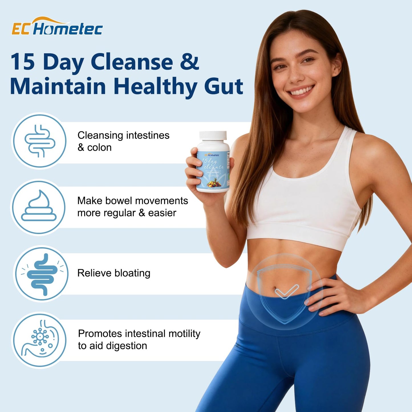 EC Hometec 15 Day Cleanse, Gentle Colon Detox with Senna Leaf & Kale, 15-Day Gut Cleanse Supplement for Digestive Health, 30 Capsules