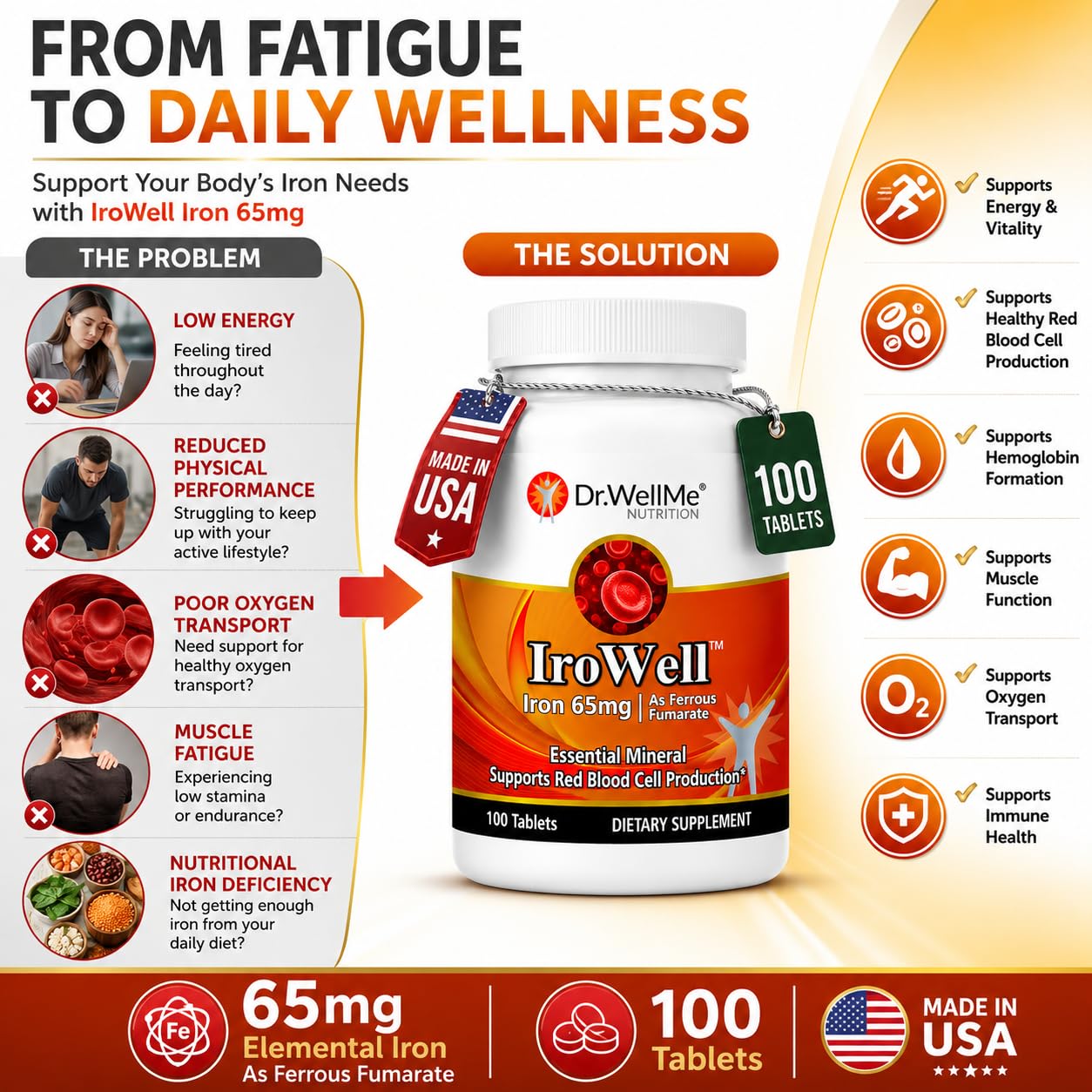 DR WELLME NUTRITION Irowell Iron Tablets 65mg, 100 Tablets