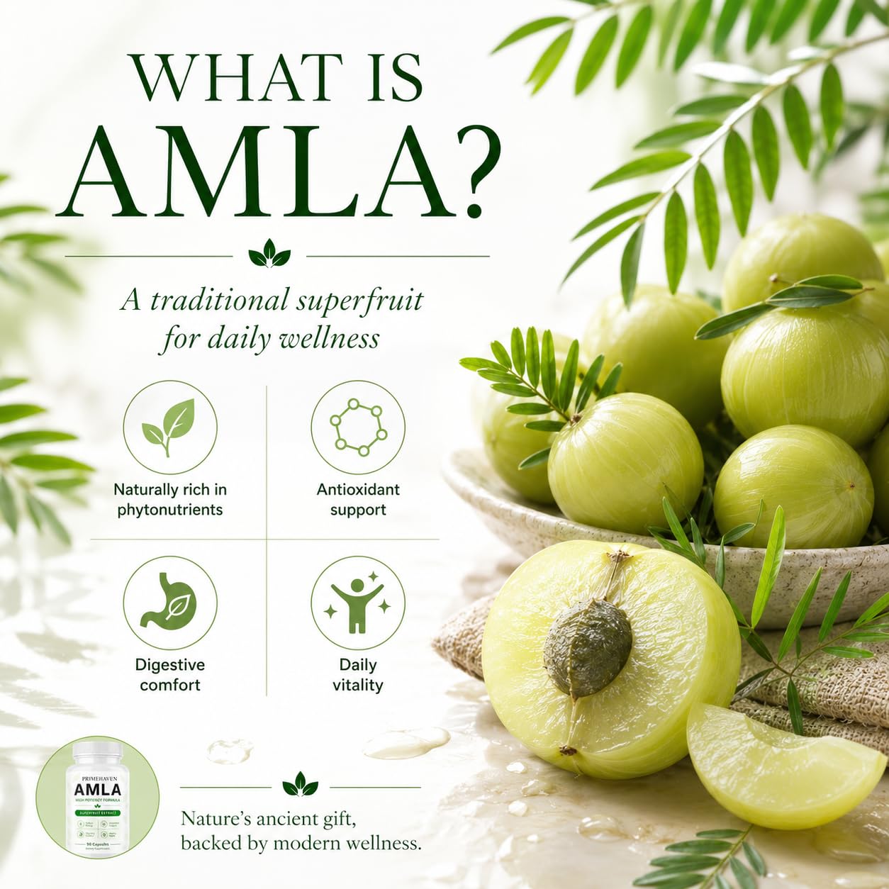 PRIMEHAVEN Organic Amla Capsules 1000mg, Indian Gooseberry Amla Fruit Supplement, Organic Amla Superfruit Extract for Antioxidant Activity, Daily Energy & Digestive Support, Vegan Non-GMO, 90 Capsules