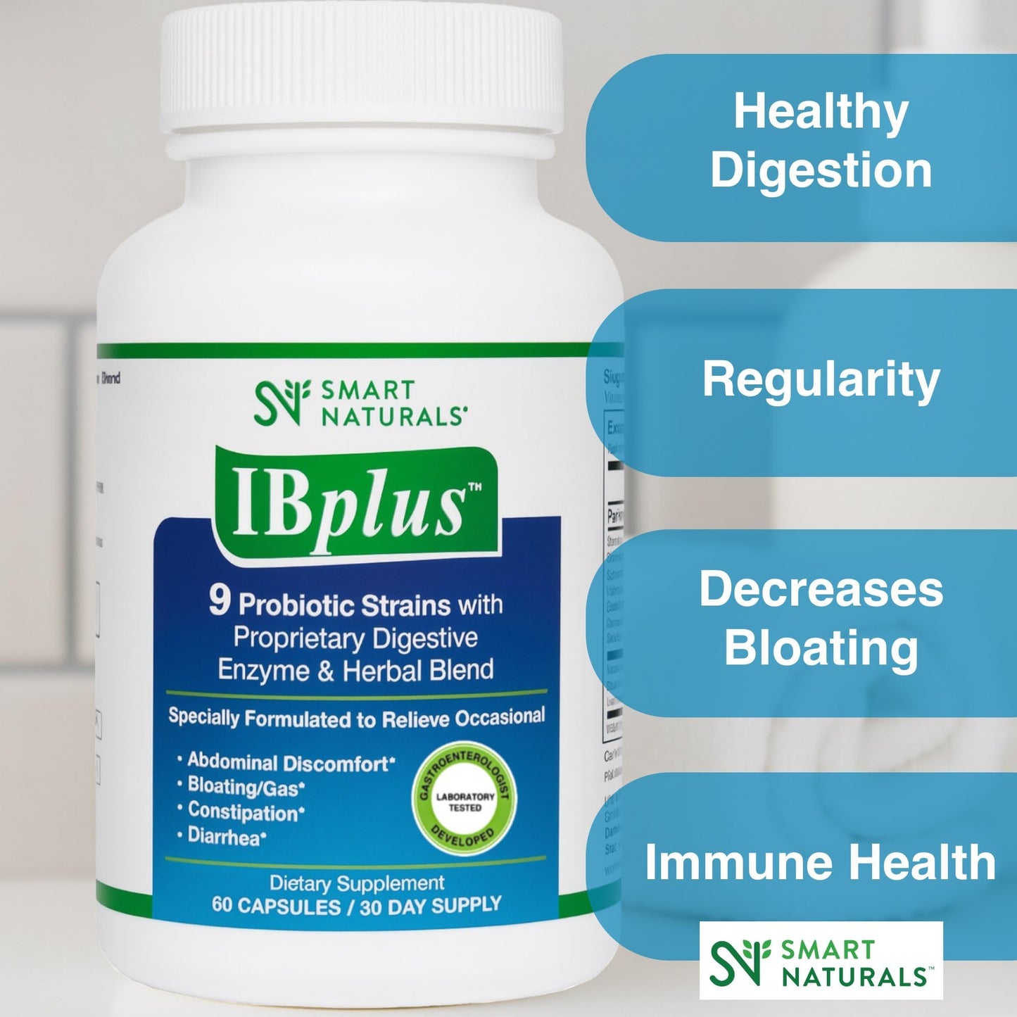 Smart Naturals IBplus Probiotic Digestive Enzyme & Herbal Blend Capsules, 60 Count