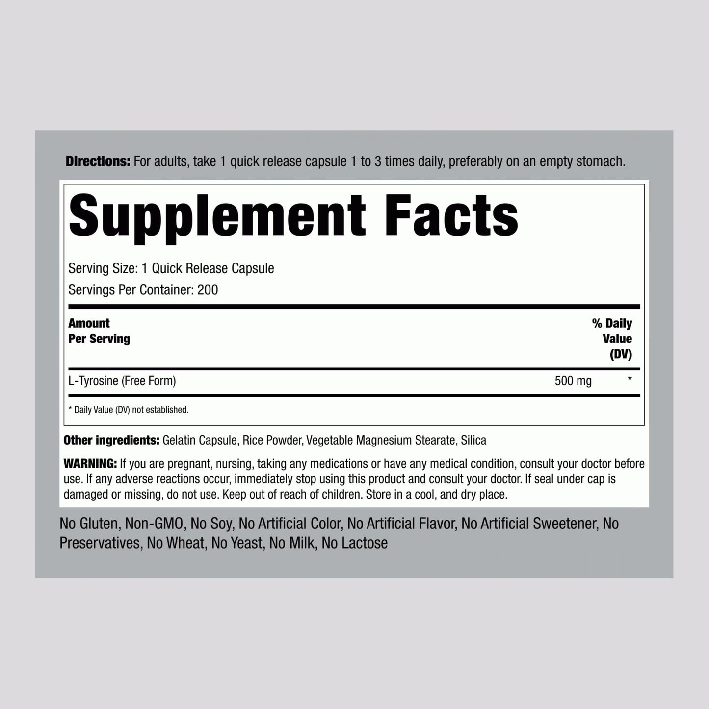 Piping Rock L-Tyrosine 500mg Capsules, 200 Count
