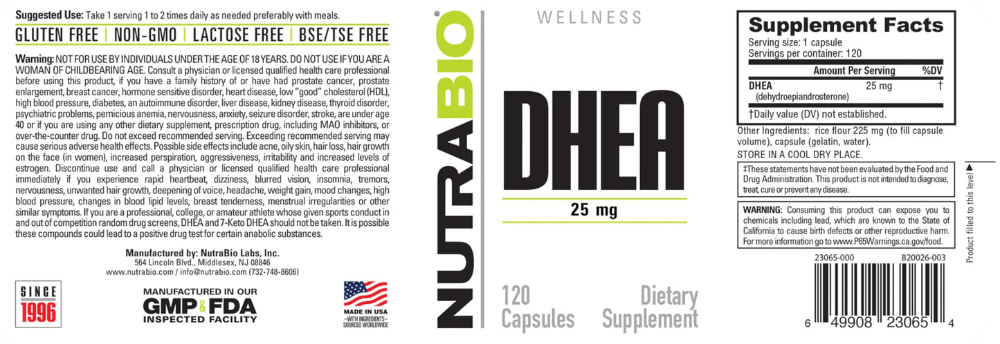 NutraBio DHEA Supplement 25 mg Capsule, 120 Capsules