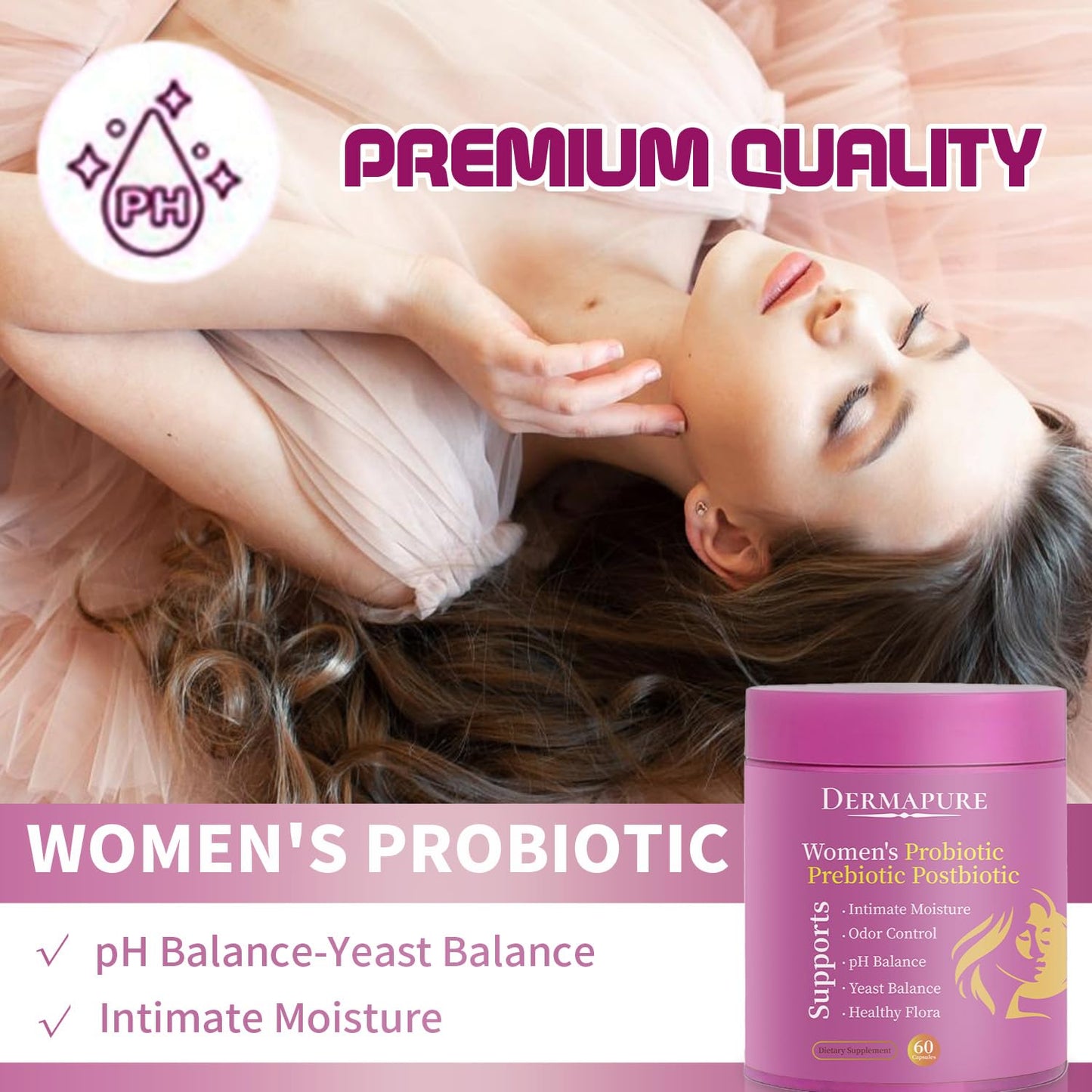 DERMAPURE Women's Vaginal Probiotic, Prebiotic & Postbiotic with Cranberry Extract & Vitamin C, Vaginal Health Supplement, Capsule, 60 Count