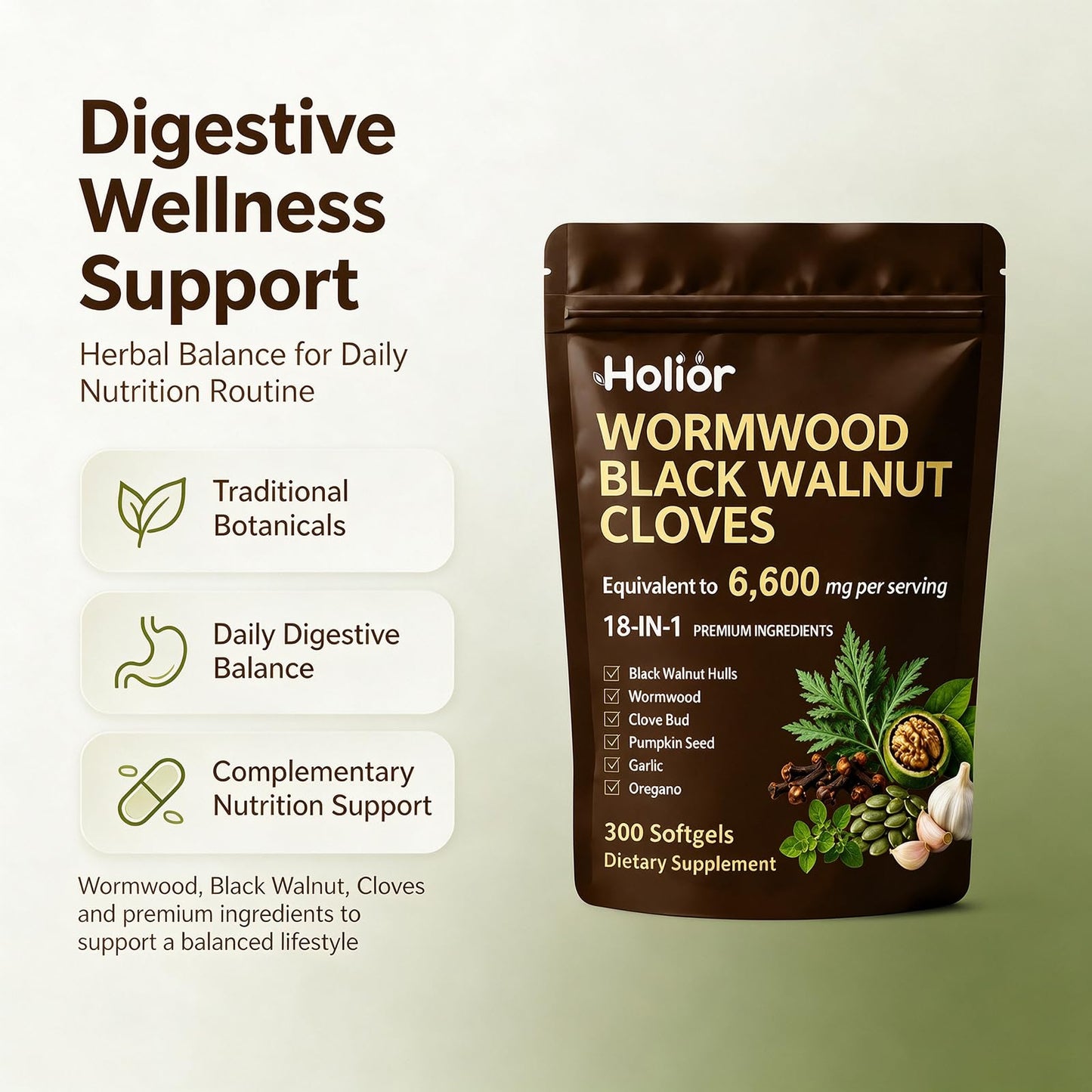 Holior Labs 18-in-1 Wormwood Black Walnut Cloves Softgels 300
