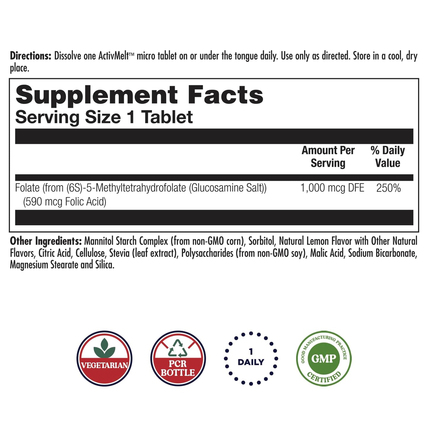 KAL Methyl Folate 1000 mcg - 5-MTHF Active Form, Folic Acid Supplement for Women and Men, Heart Health, Prenatal, Brain Support for Adults, Vegetarian, Natural Lemon ActivMelt - 60 Micro Tablets