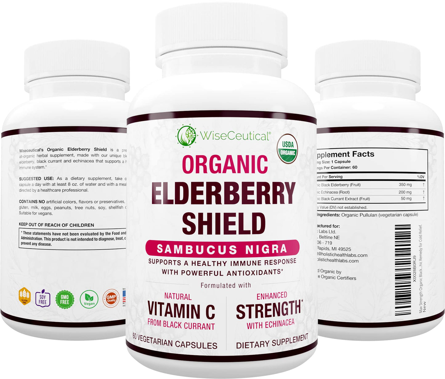 Wiseceutical Black Elderberry, Black Currant Extract & Echinacea 3 in 1 Natural Immune Support & Vitamin C Capsules, 60 Count
