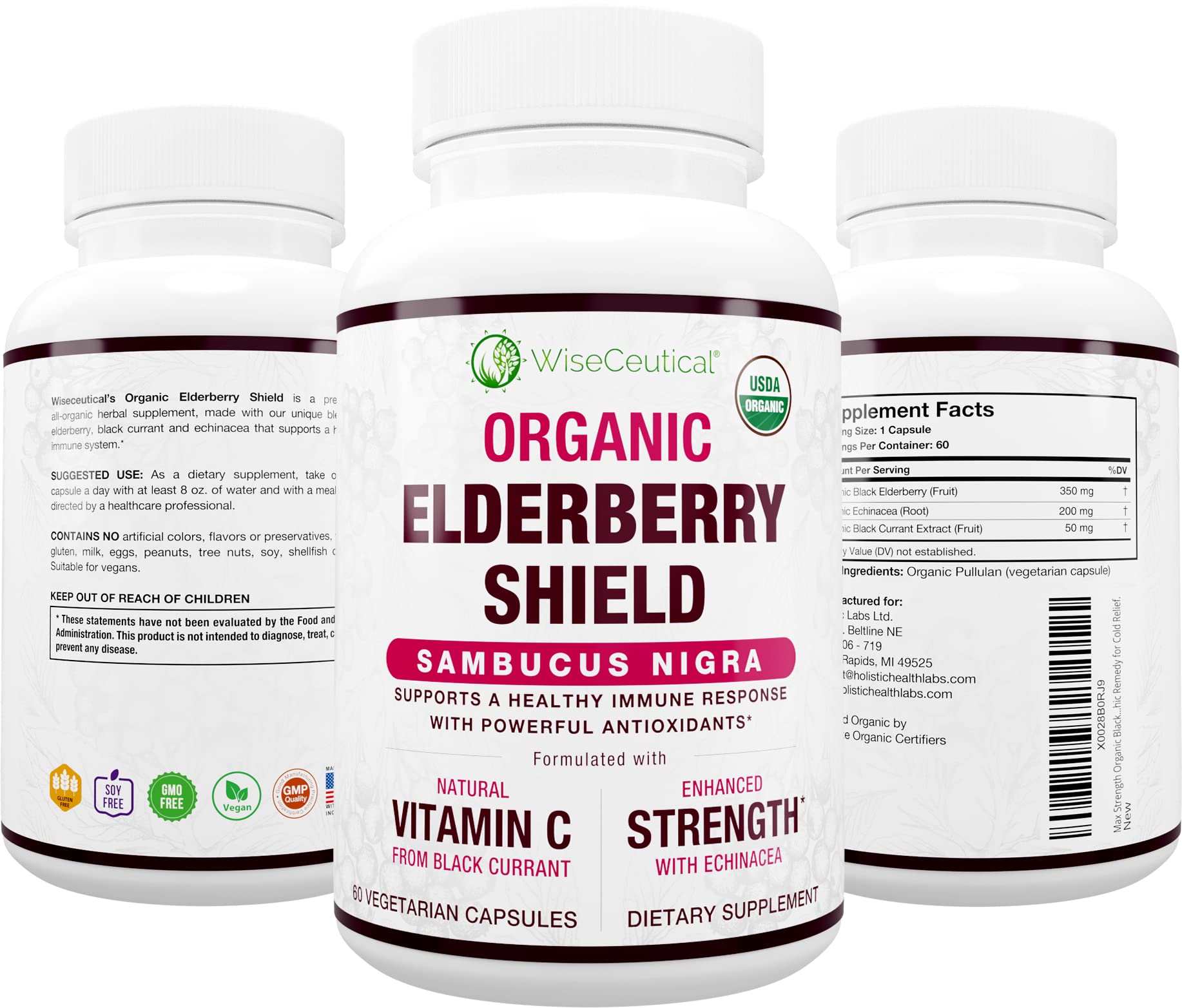 Wiseceutical Max Strength USDA Organic Black Elderberry, Black Currant Extract & Echinacea Capsules 60 Count