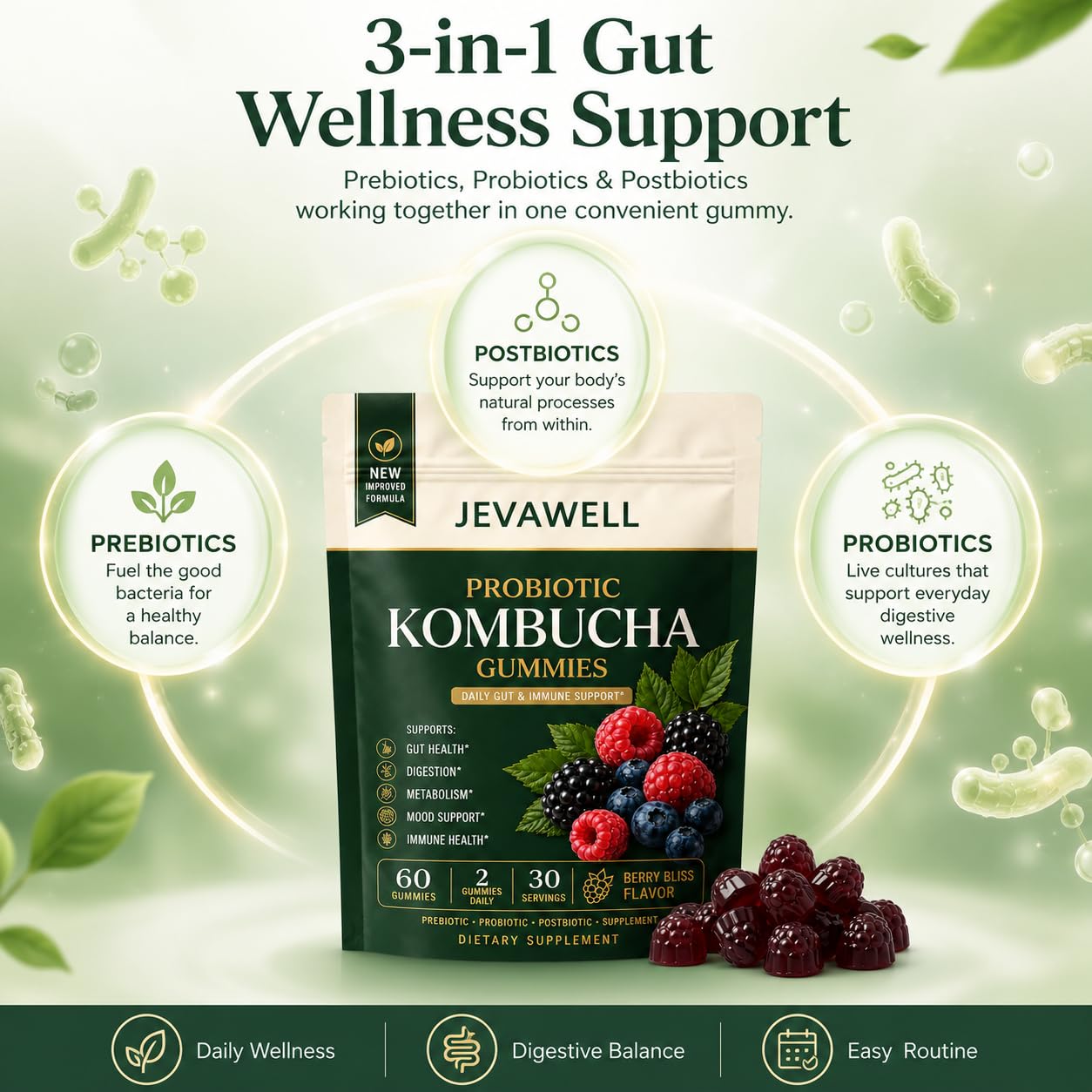 jevawell Probiotic Kombucha Gummies Softgel, 60 Count