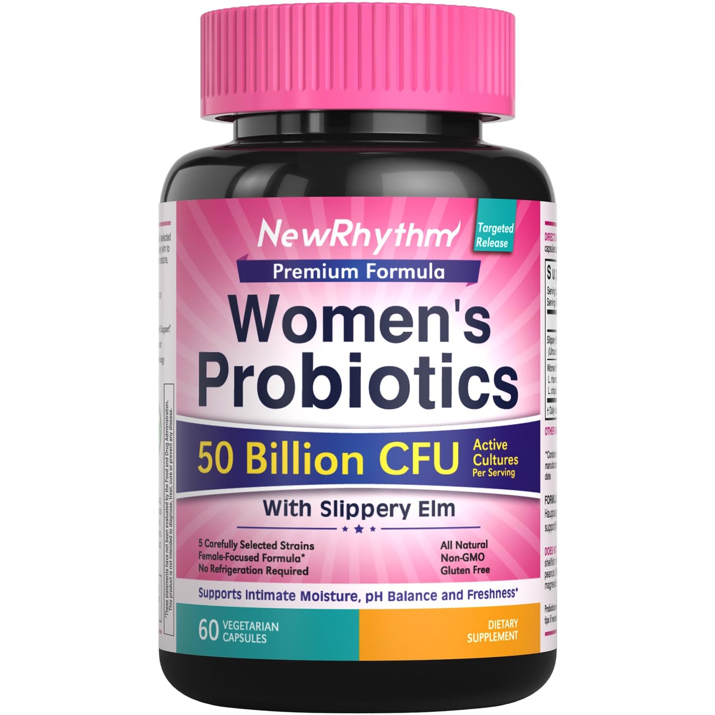 NewRhythm Women's Probiotics Slippery Elm Bark, 50 Billion CFU, 5 Strains, All Natural, Non-GMO, Vaginal, Digestive & Immune System Support, 60 Capsules