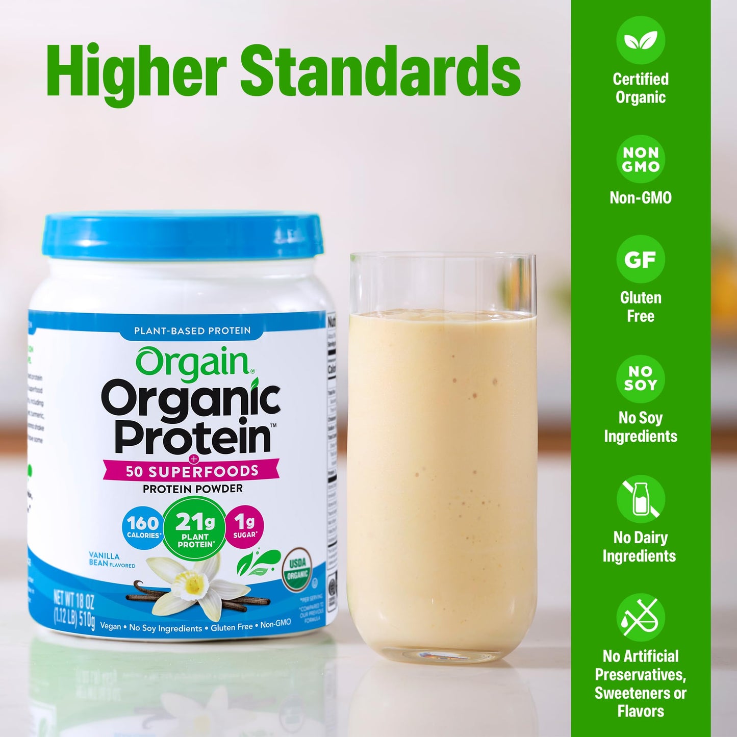 Orgain Organic Vegan Protein + 50 Superfoods Powder, Vanilla Bean, 1.12 lb