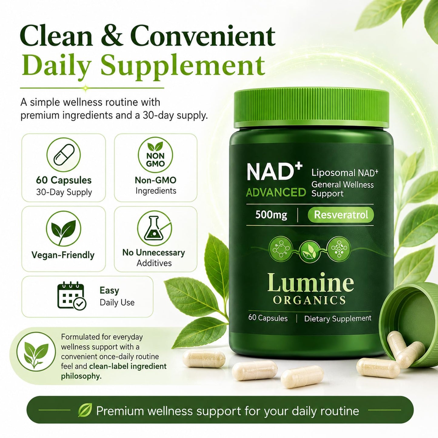 COLEPSW Lumine Organics NAD+ Supplement with Nicotinamide Riboside, Resveratrol & Quercetin Liposomal Capsules, 60 Capsules
