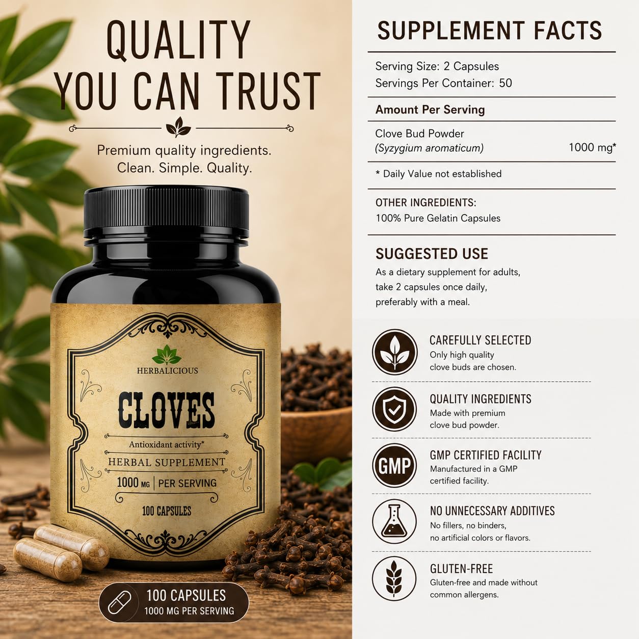 HERBALICIOUS Cloves Capsules 100 Count