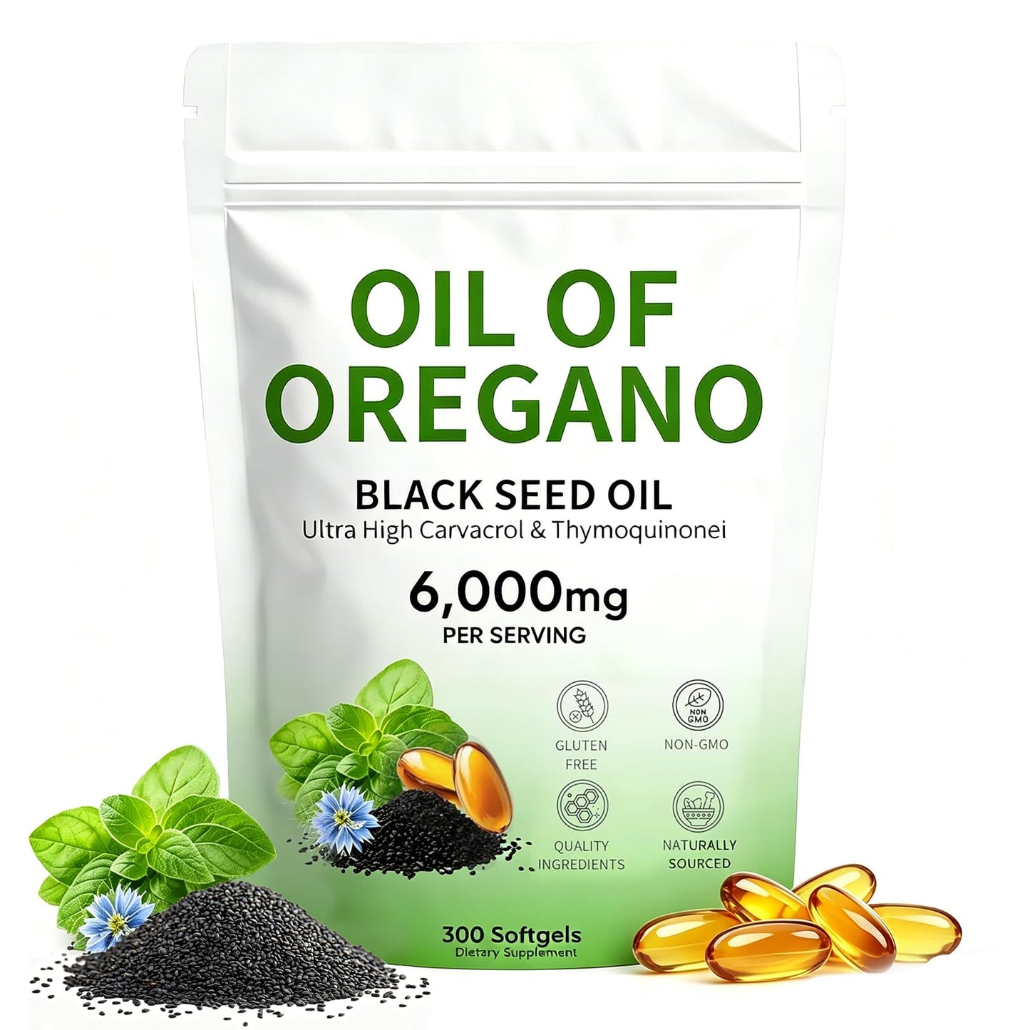 Plaxssuss Oil of Oregano with Black Seed Oil and Thymoquinone, 6000mg, Non-GMO, 300 Capsules