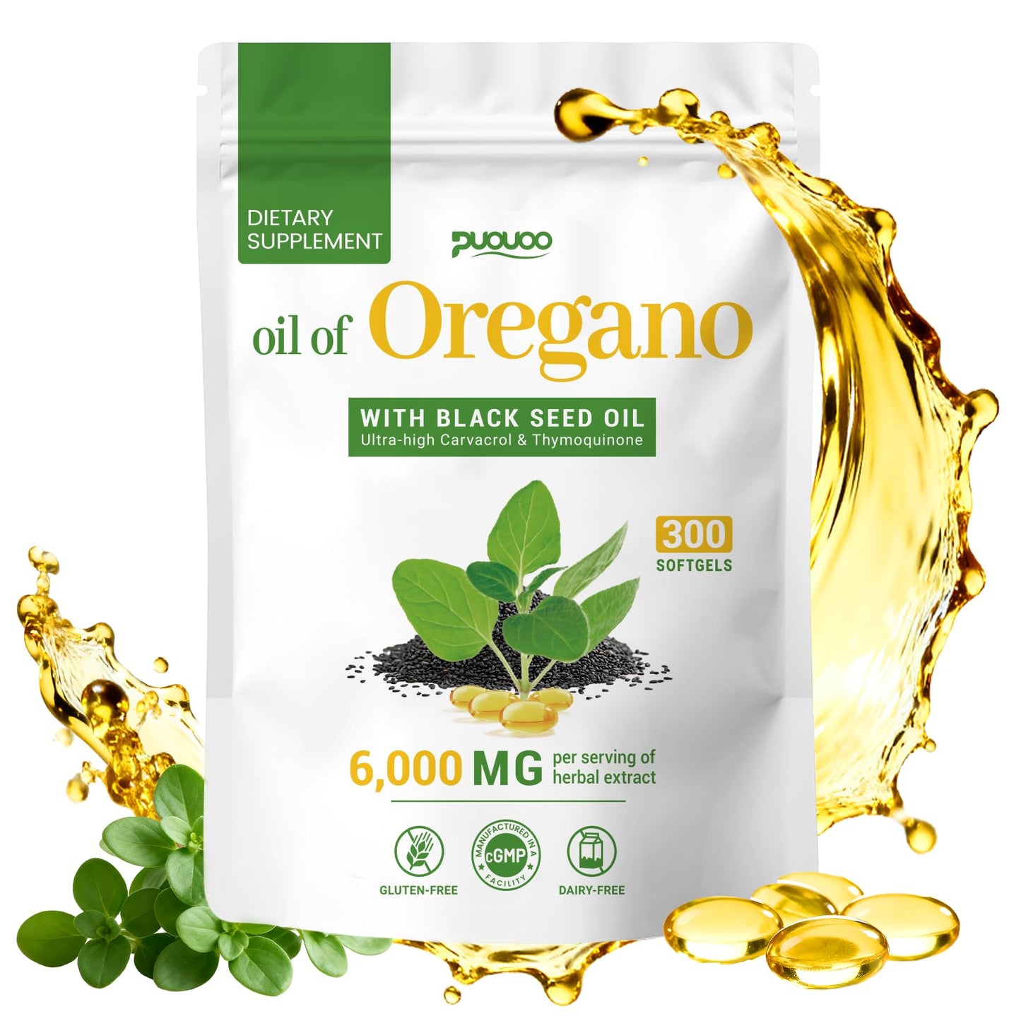 Puouoo 2 in 1 Oil of Oregano Capsules with Black Seed Oil, Carvacrol, 300 Capsules