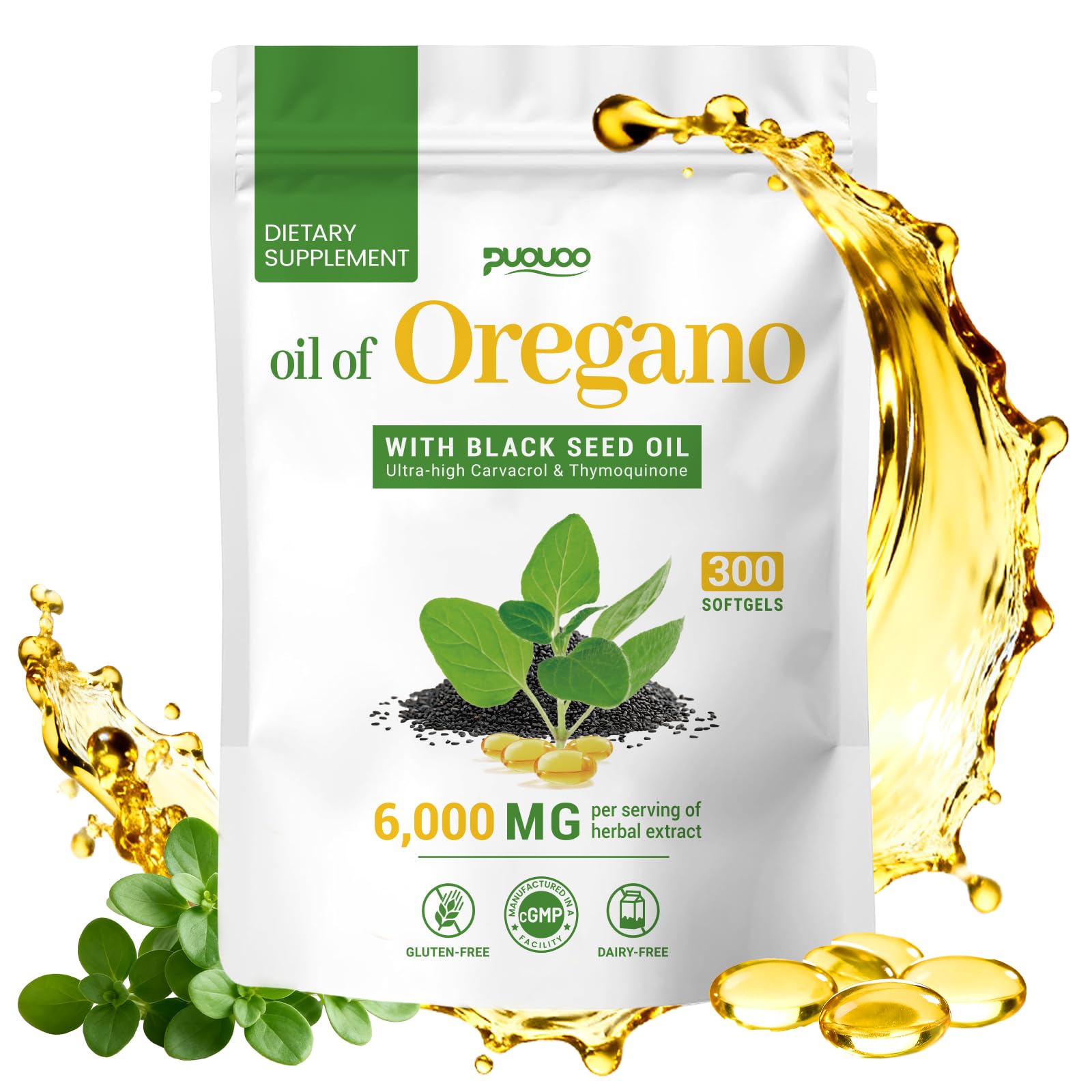 Puouoo 2 in 1 Oil of Oregano Capsules with Black Seed Oil, Carvacrol, 300 Capsules