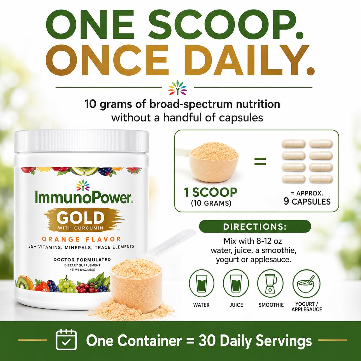ImmunoPower Gold High-Absorption Turmeric Root Extract & BioPerine Immune Booster Doctor Formulated with 33 Nutrients Orange Flavor Powder 10