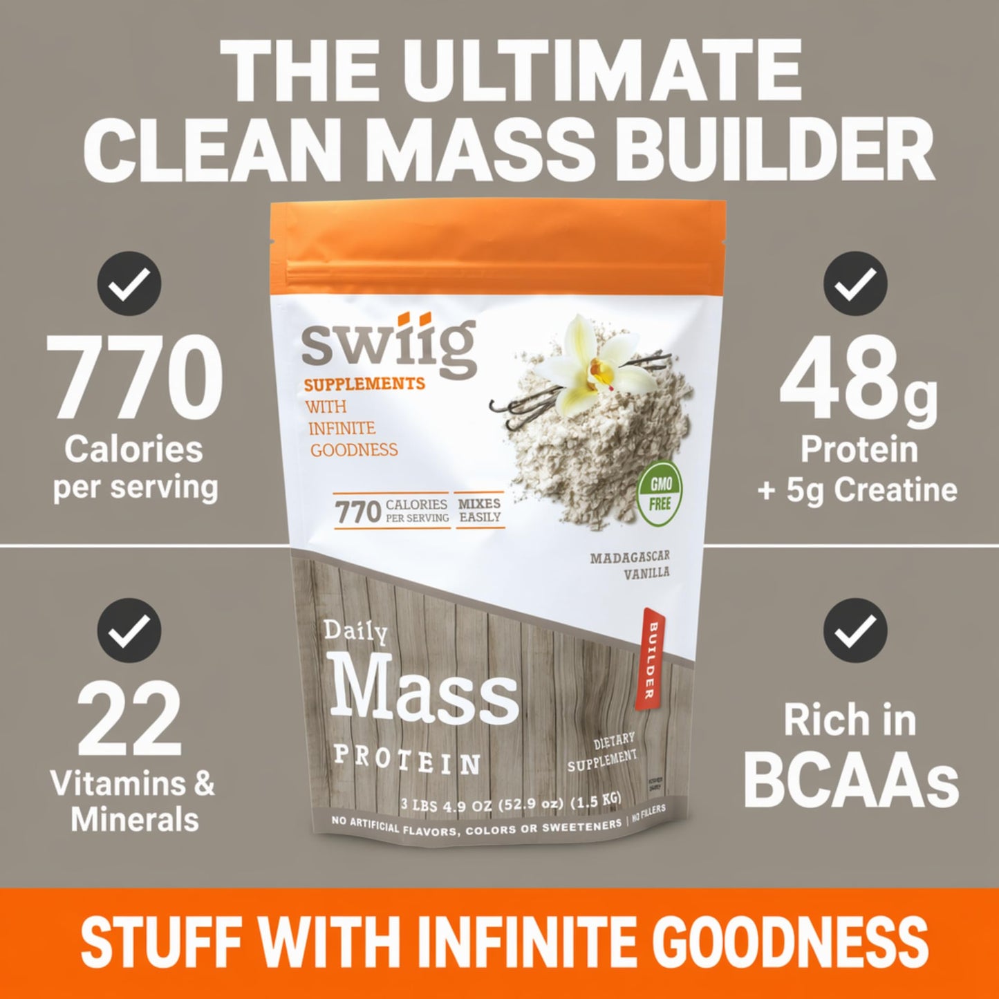 swiig Mass Builder Protein Powder Madagascar Vanilla 3.3 Pound Bag (52.8)