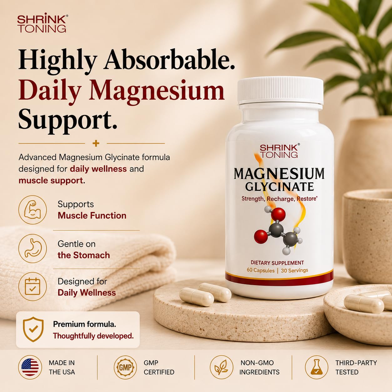 Shrink Magnesium Glycinate 1666 mg High Absorption Magnesium Supplement Supports Muscle Function, 60 Capsules