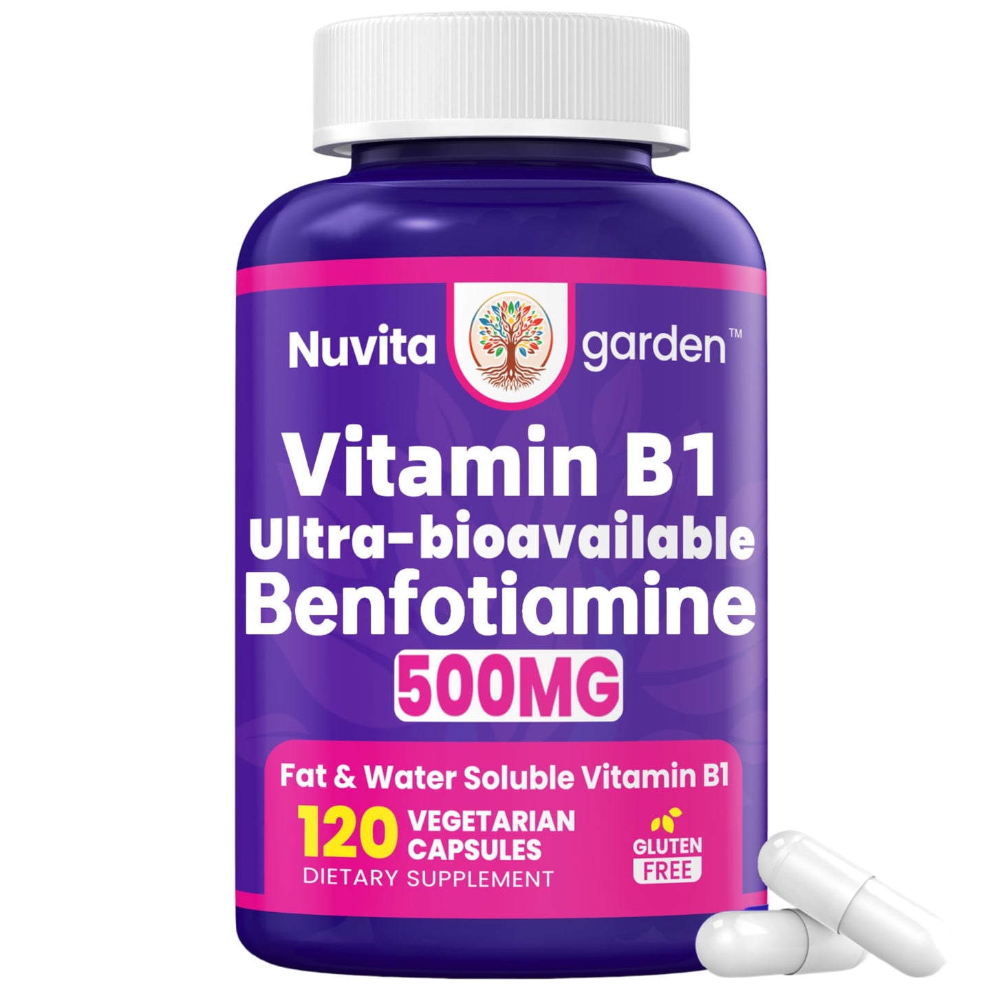 NuvitaGarden Benfotiamine 500mg + 20mg Vitamin B1 Veggie Capsules 120 Capsules