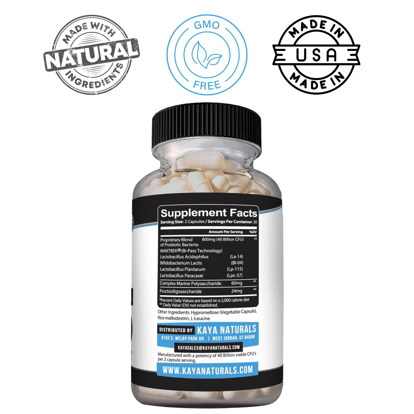 Kaya Naturals Probiotic 40 Billion CFU, Prebiotic, 4 Strains, 60 Capsules