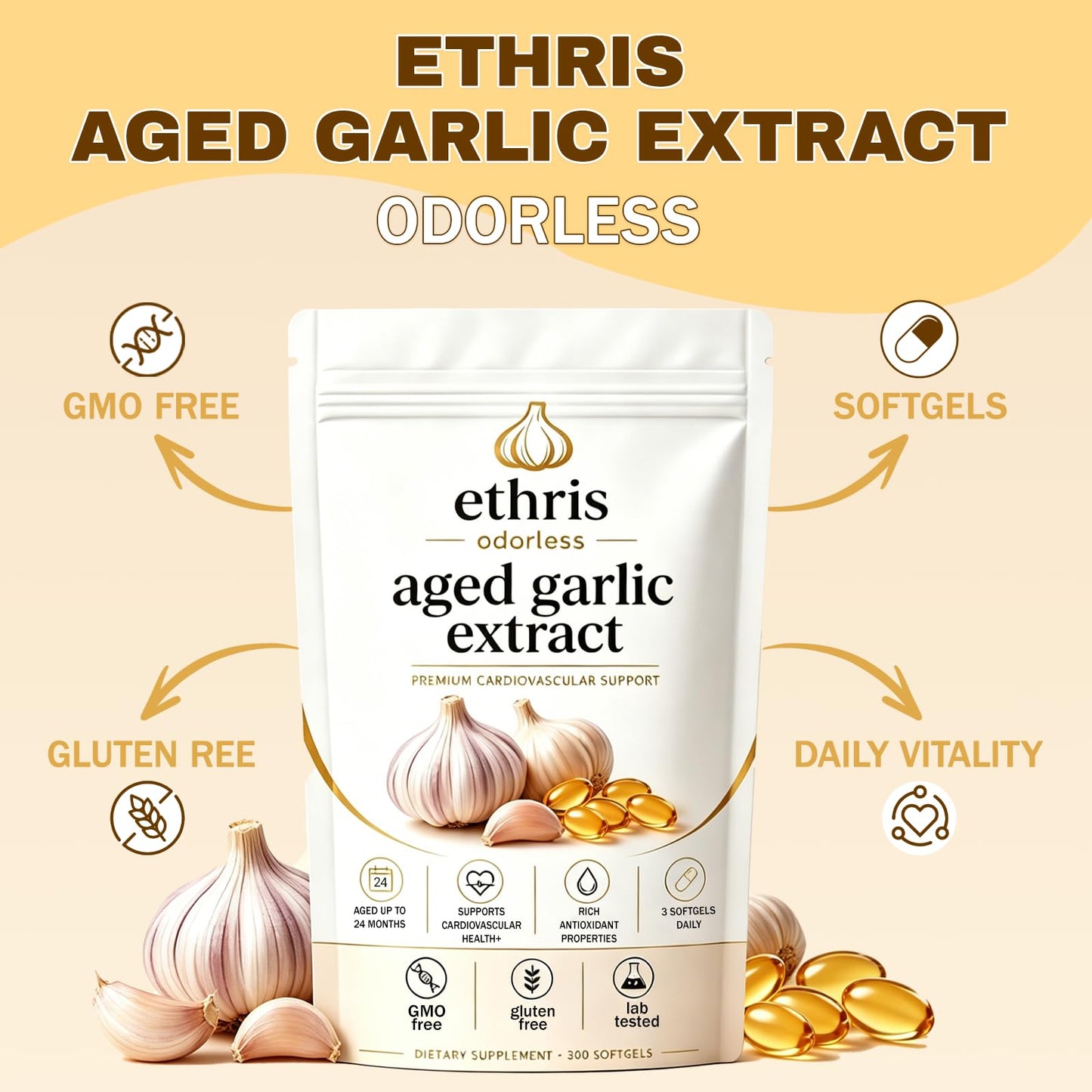 neurocept Ethris Aged Garlic Extract Odorless Softgels, 300 Count