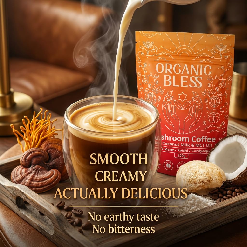 Organic Bless Instant Mushroom Coffee with Lion's Mane, Reishi & Cordyceps – Coconut Milk & MCT Oil – Low Caffeine 31mg – Powder, 7.05 Ounce