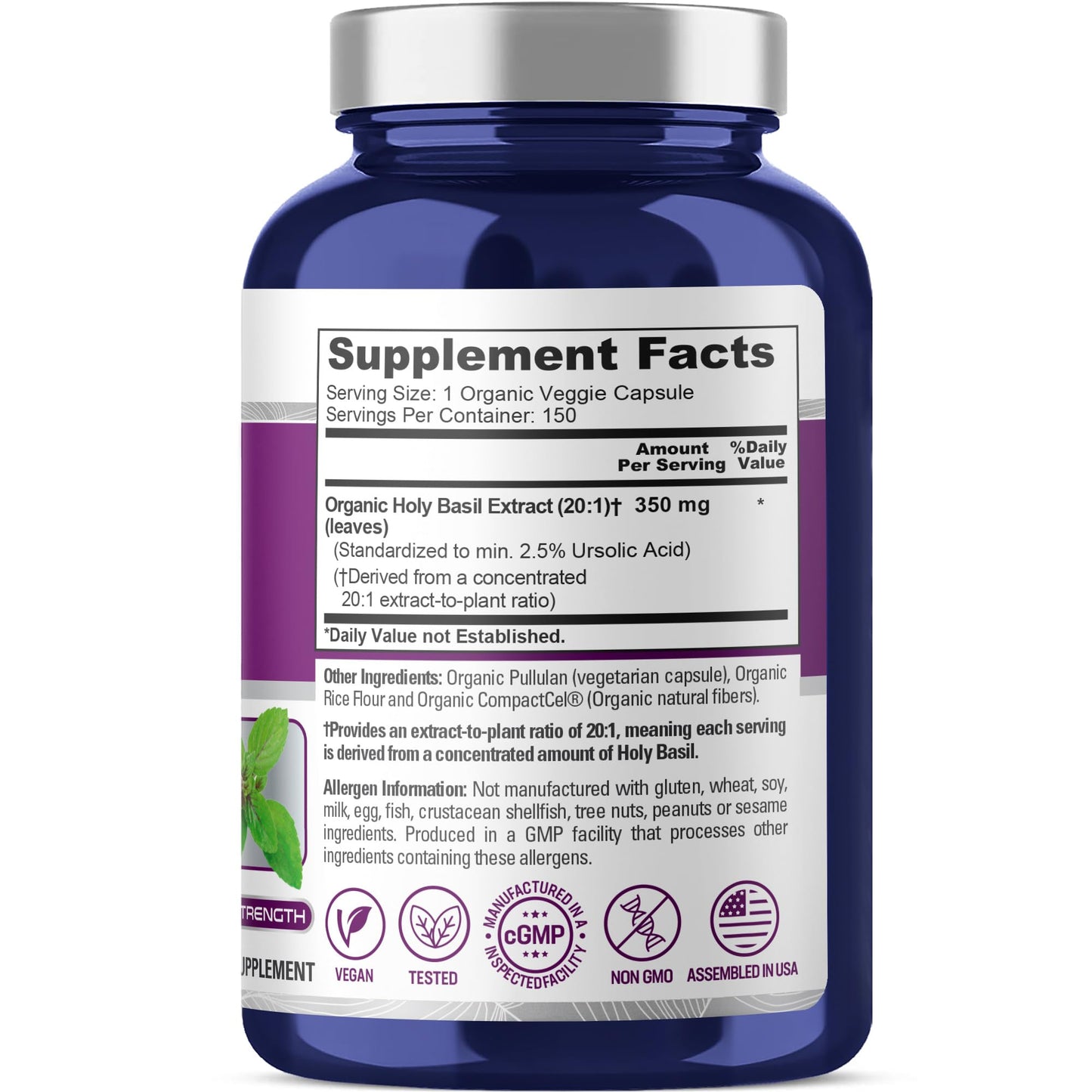 NusaPure Organic Holy Basil Capsules, 350 mg, 150 Count