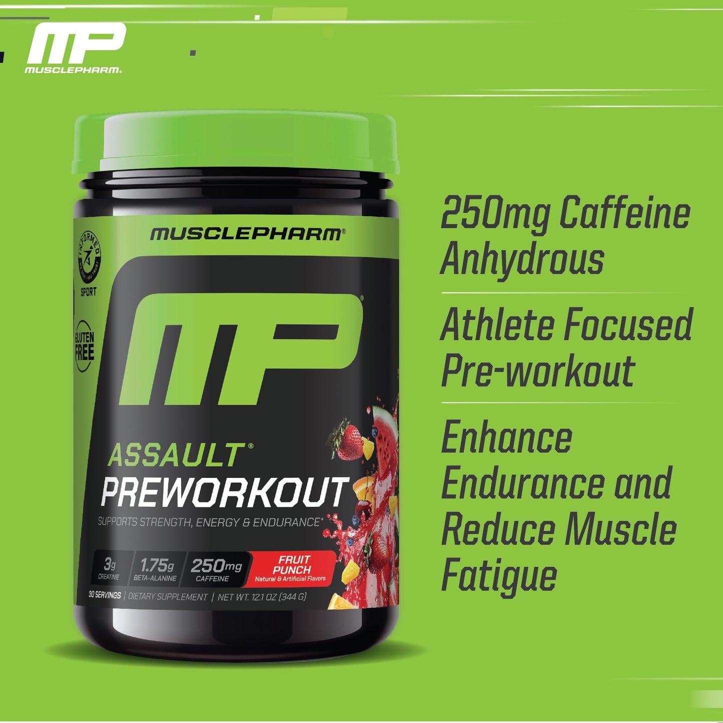 Muscle Pharm Assault Pre Workout Powder Fruit Punch Flavor 12.1 Ounce