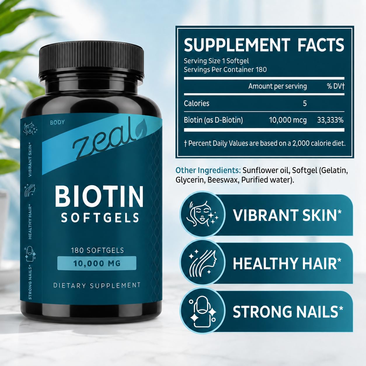 Zeal Naturals Biotin 10000mcg Oil Softgels, 180 Gel Capsules