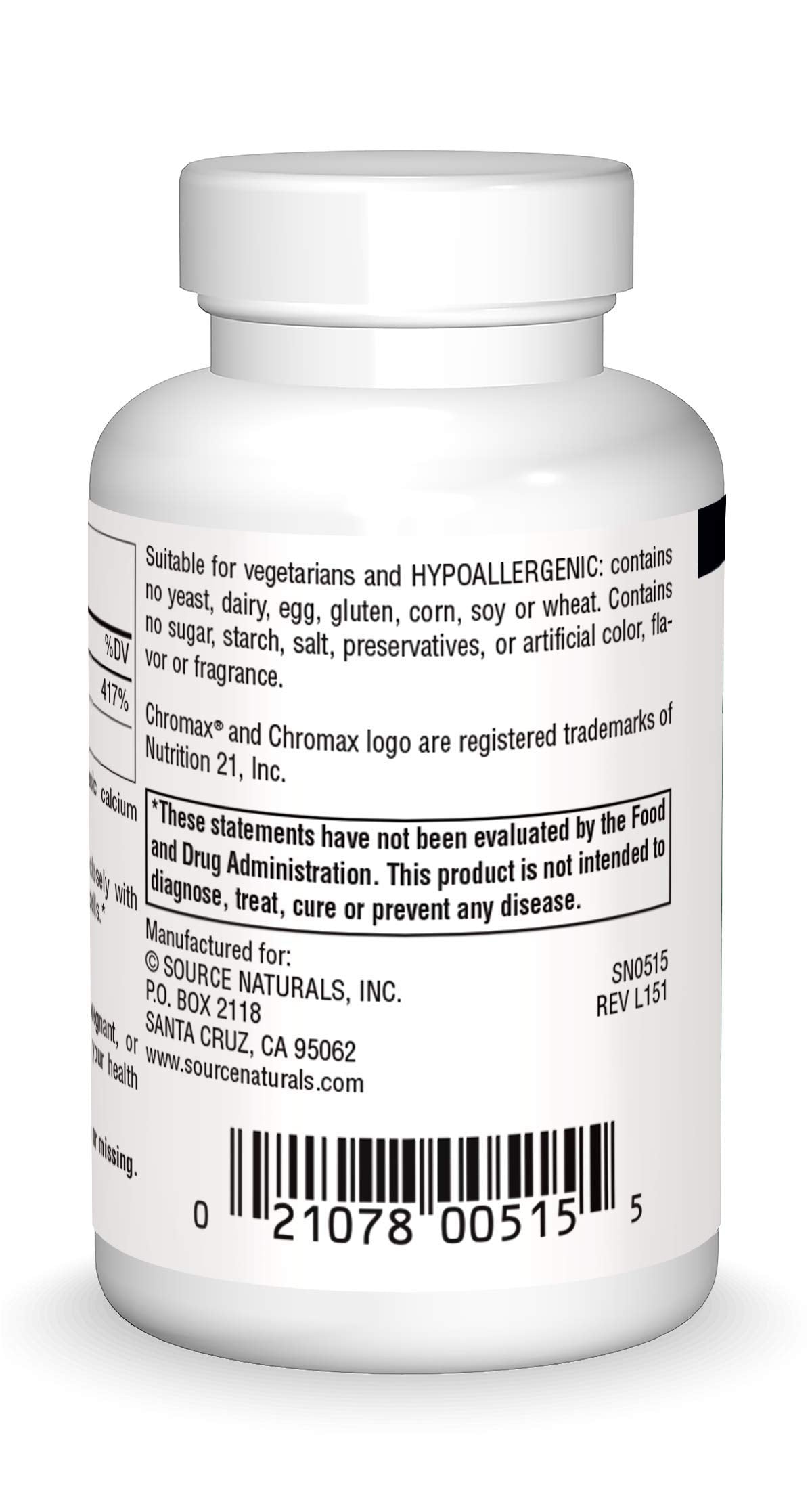 Source Naturals Ultra Chromium Picolinate 500 mcg Yeast-Free Dietary Supplement Tablets 60 Count